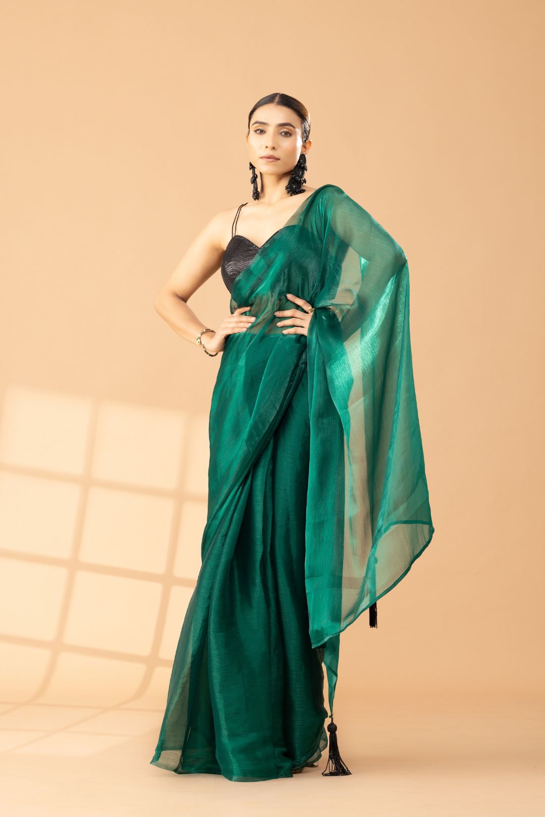 Rich Emerald Green Organza Chiffon Saree With Black Tassels