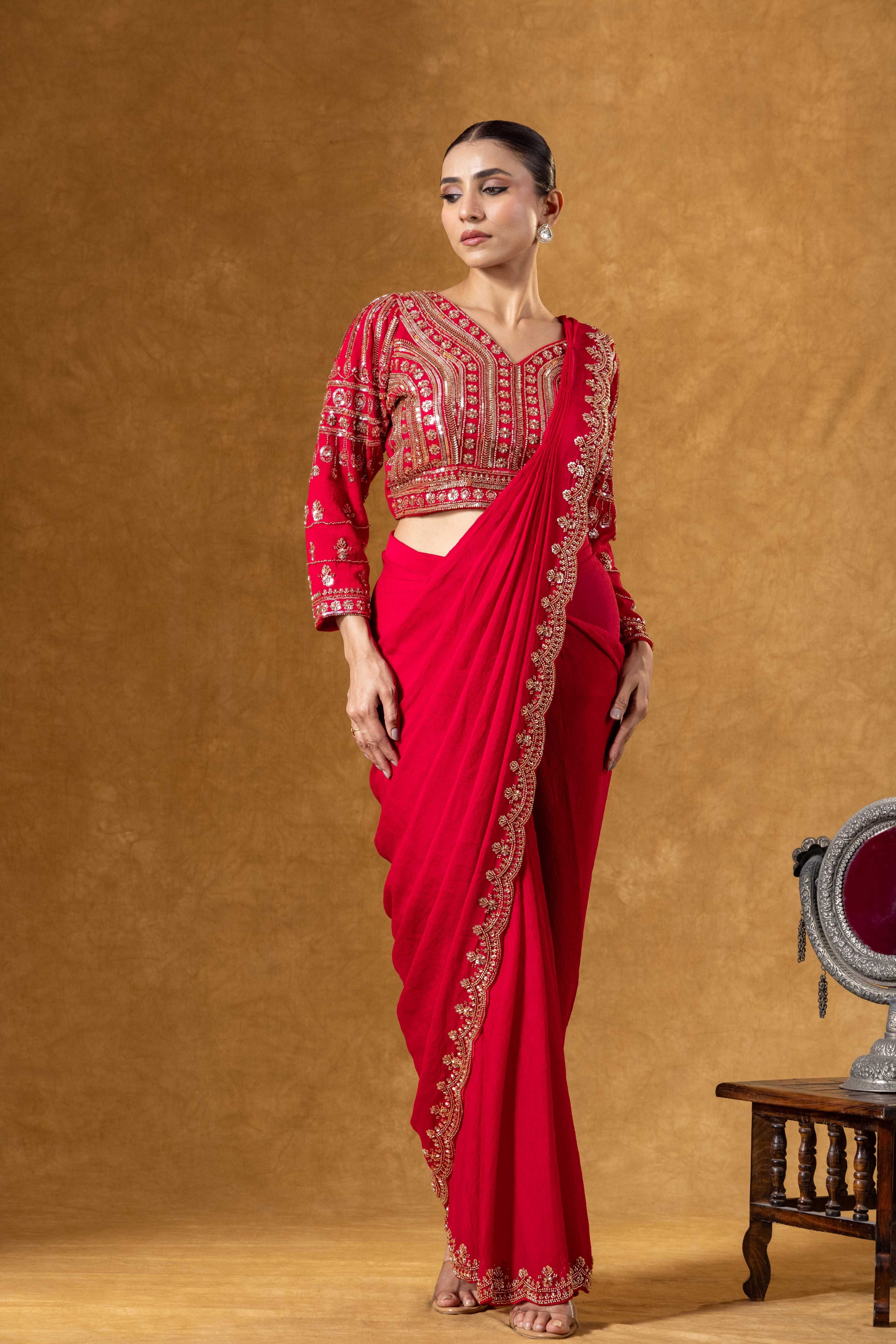 Crimson Hand Embroidered Saree Set