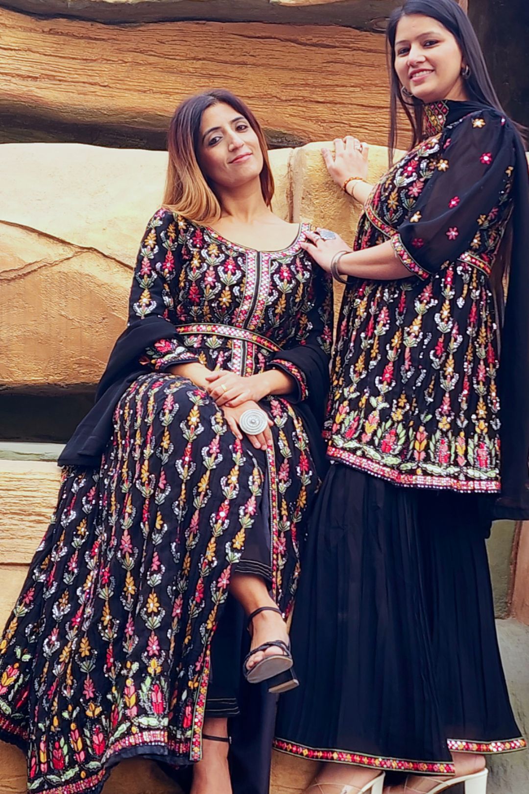 Black Slit Style Embroidered Anarkali With Pants & Dupatta.