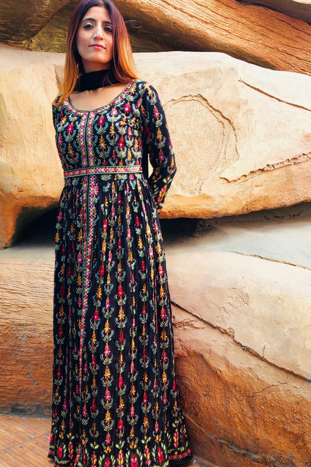 Black Slit Style Embroidered Anarkali With Pants & Dupatta.