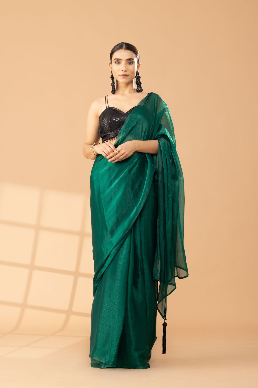 Rich Emerald Green Organza Chiffon Saree With Black Tassels