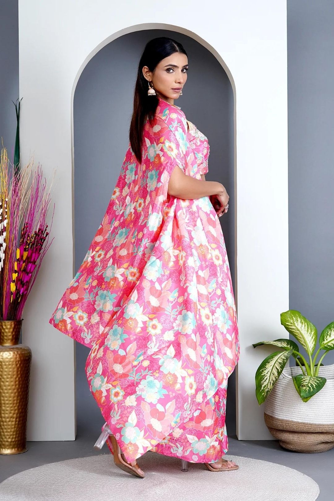 Peach Modal Satin Cape & Dhoti Skirt Set
