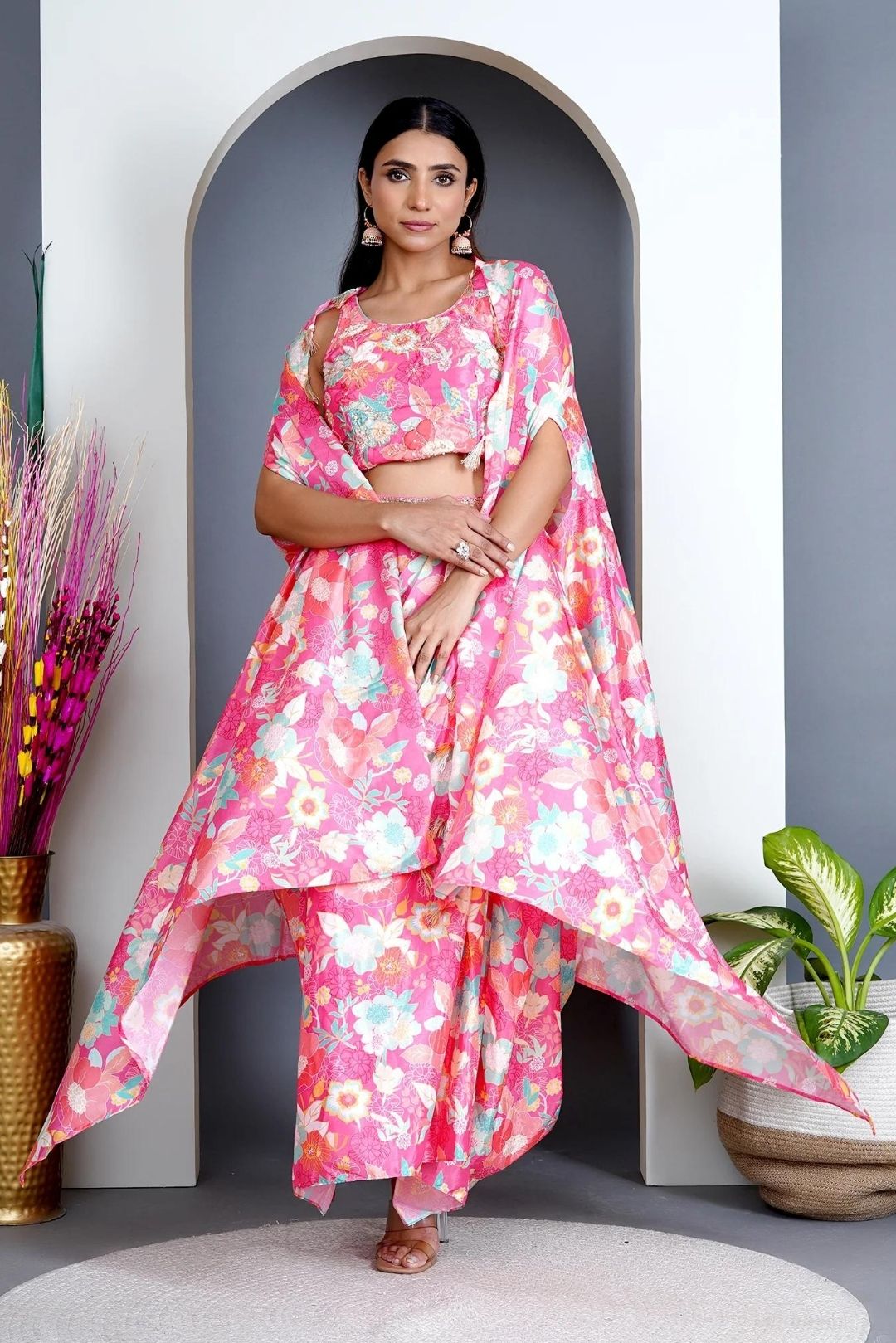 Peach Modal Satin Cape & Dhoti Skirt Set