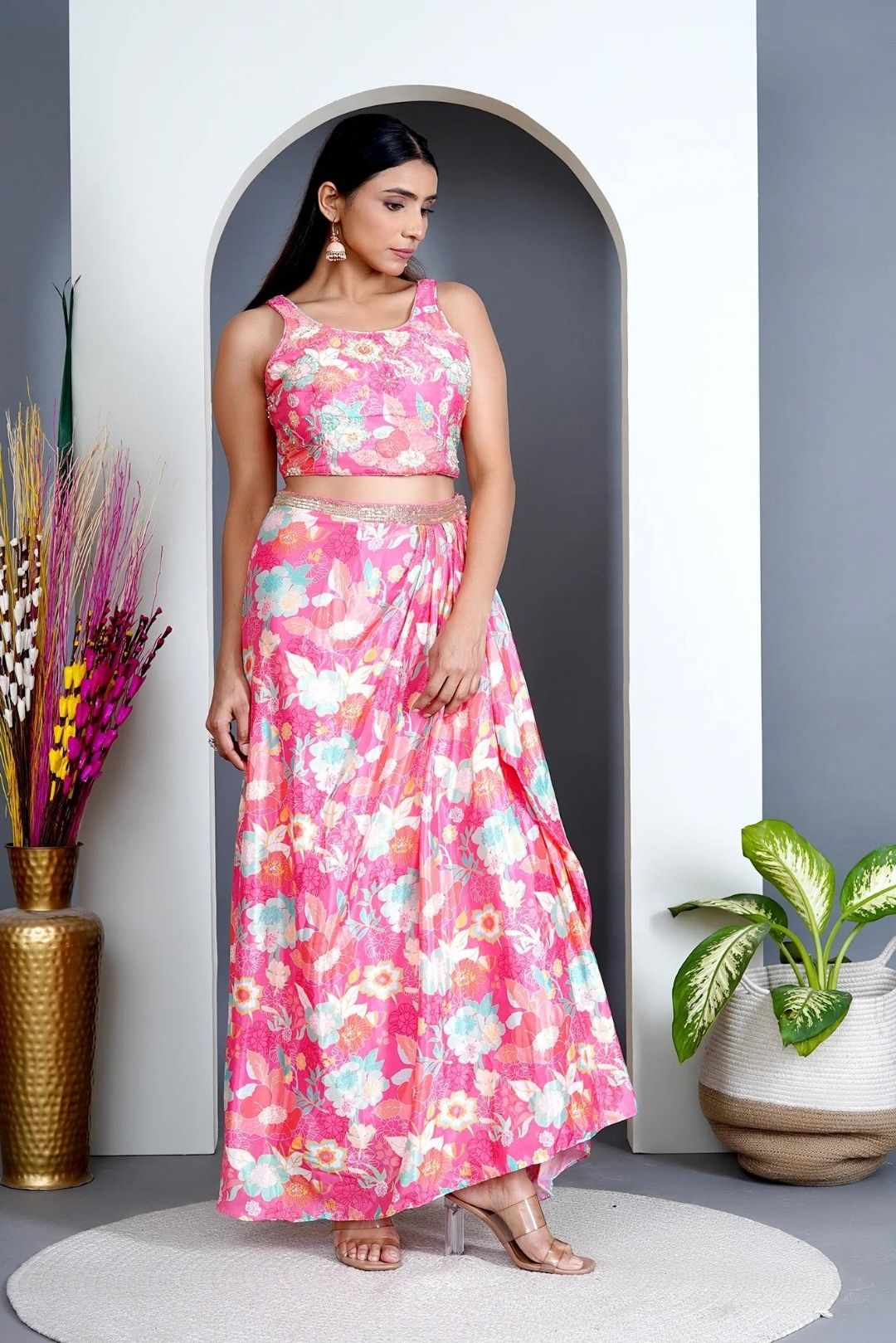 Peach Modal Satin Cape & Dhoti Skirt Set
