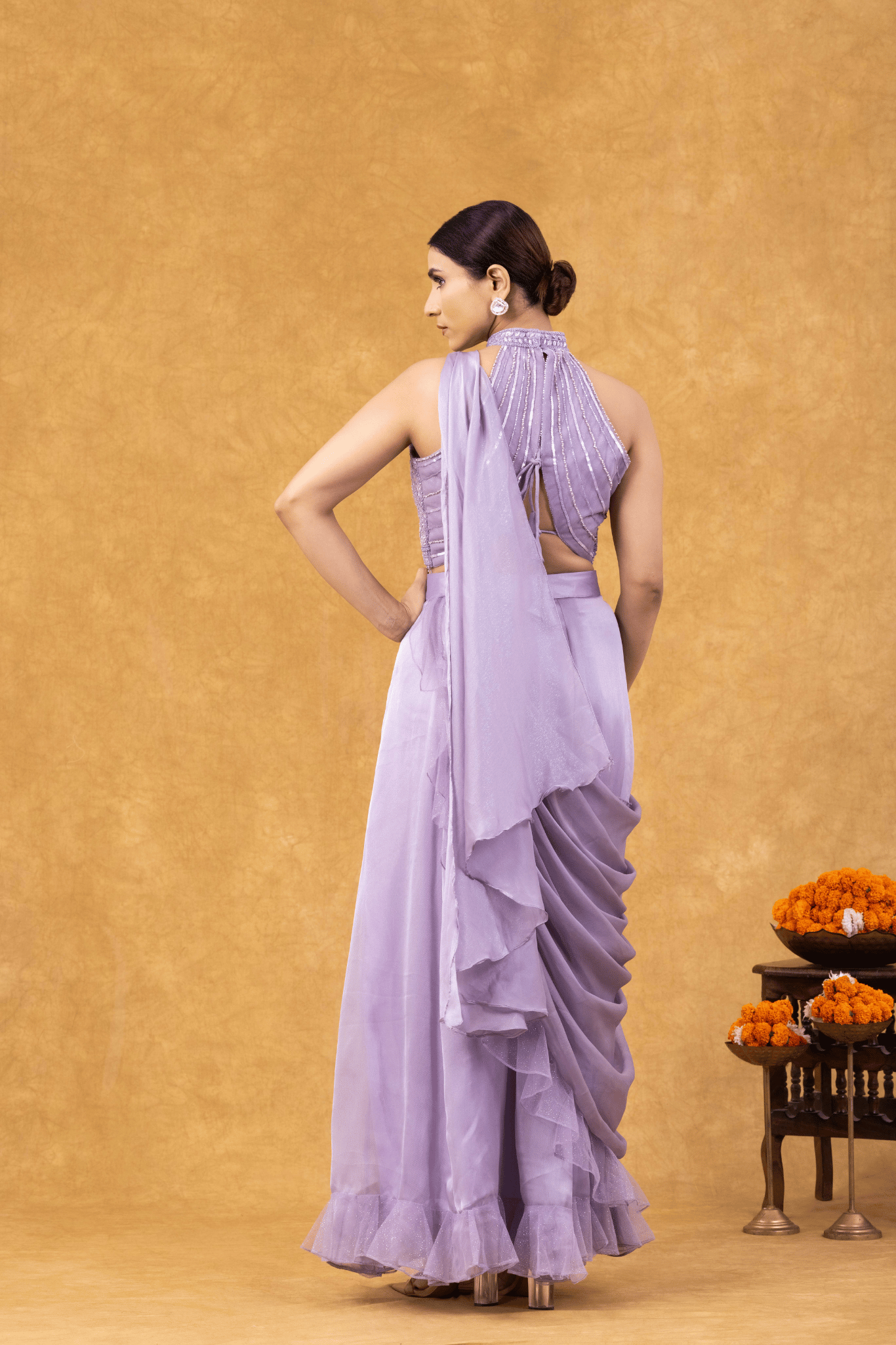 Lilac Ruffle Drape Saree with Embellished Halter Blouse