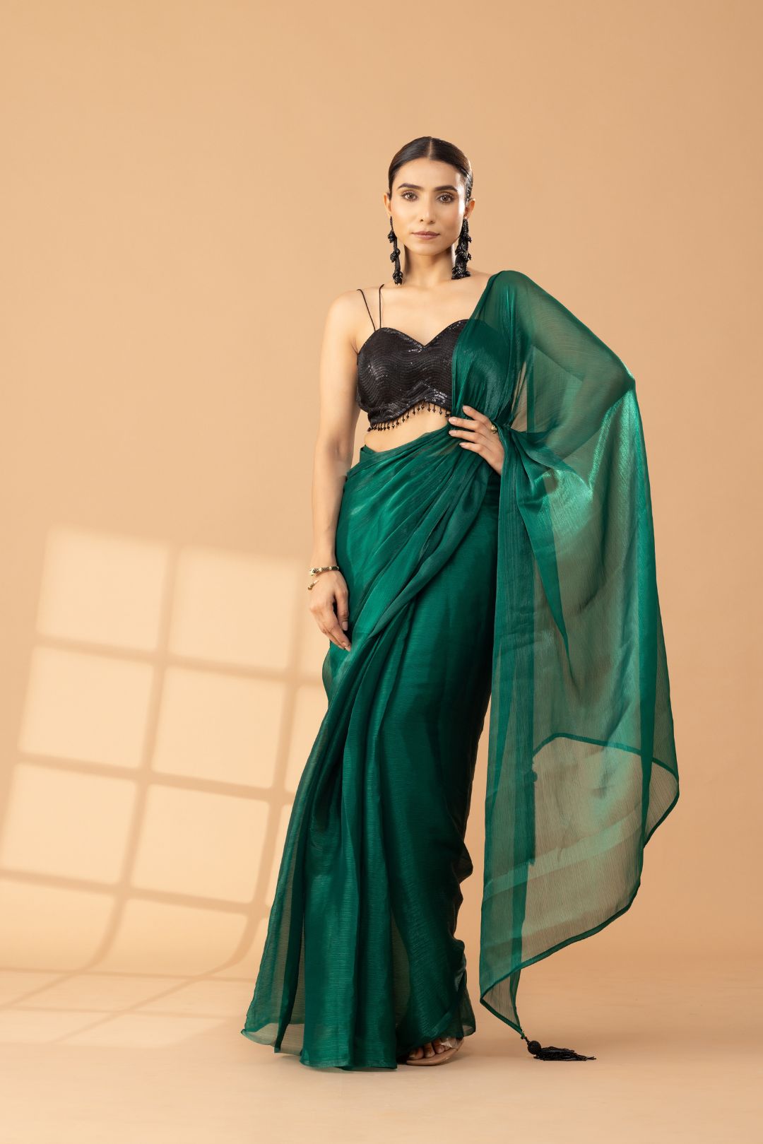 Rich Emerald Green Organza Chiffon Saree With Black Tassels