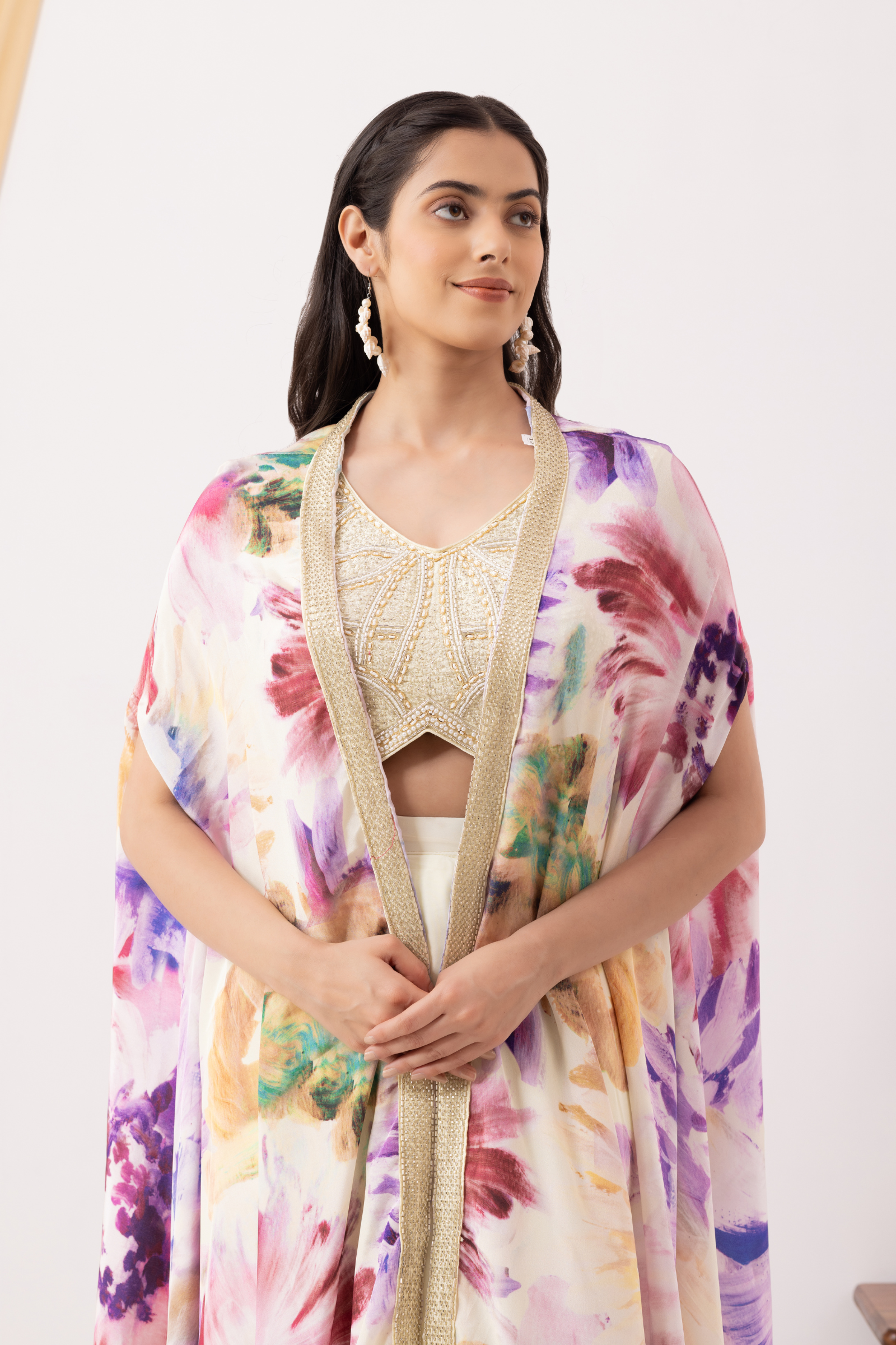 White Ruffle Drape Skirt with Crop Top & Floral Print Cape Set