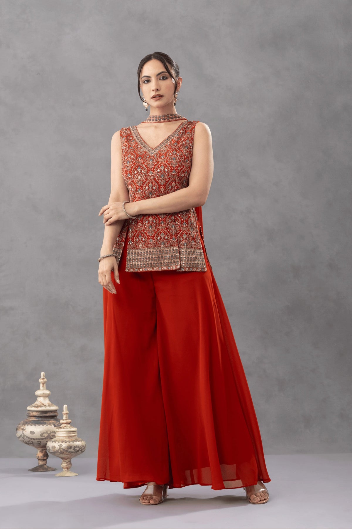 Rust Embroidered Top with Palazzo Pants