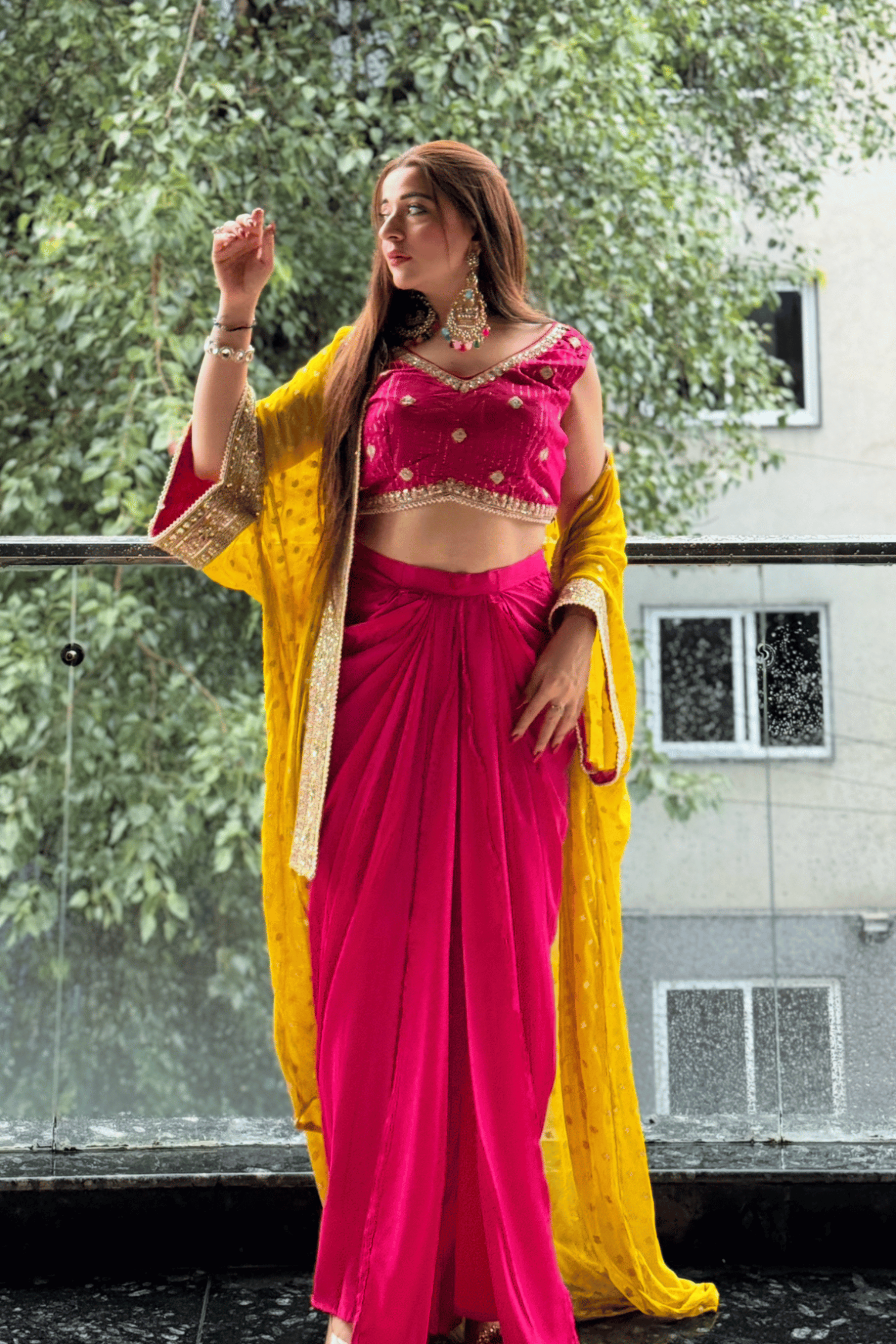 Magenta Draped Skirt Set with Embellished Blouse & Yellow Cape