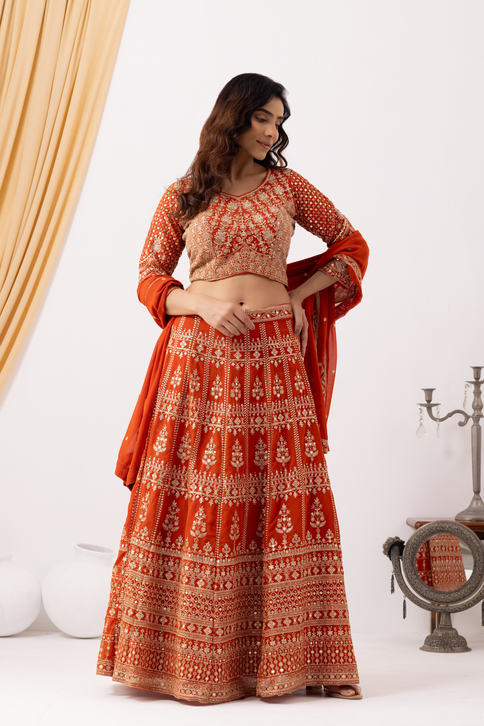 Rust Orange Zardozi Lehenga Set