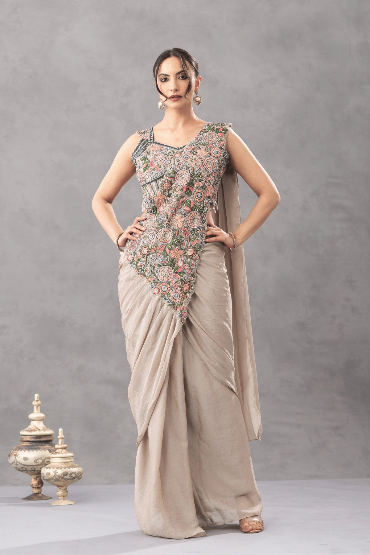 Warm Beige Draped Saree with Floral Embroidered Blouse