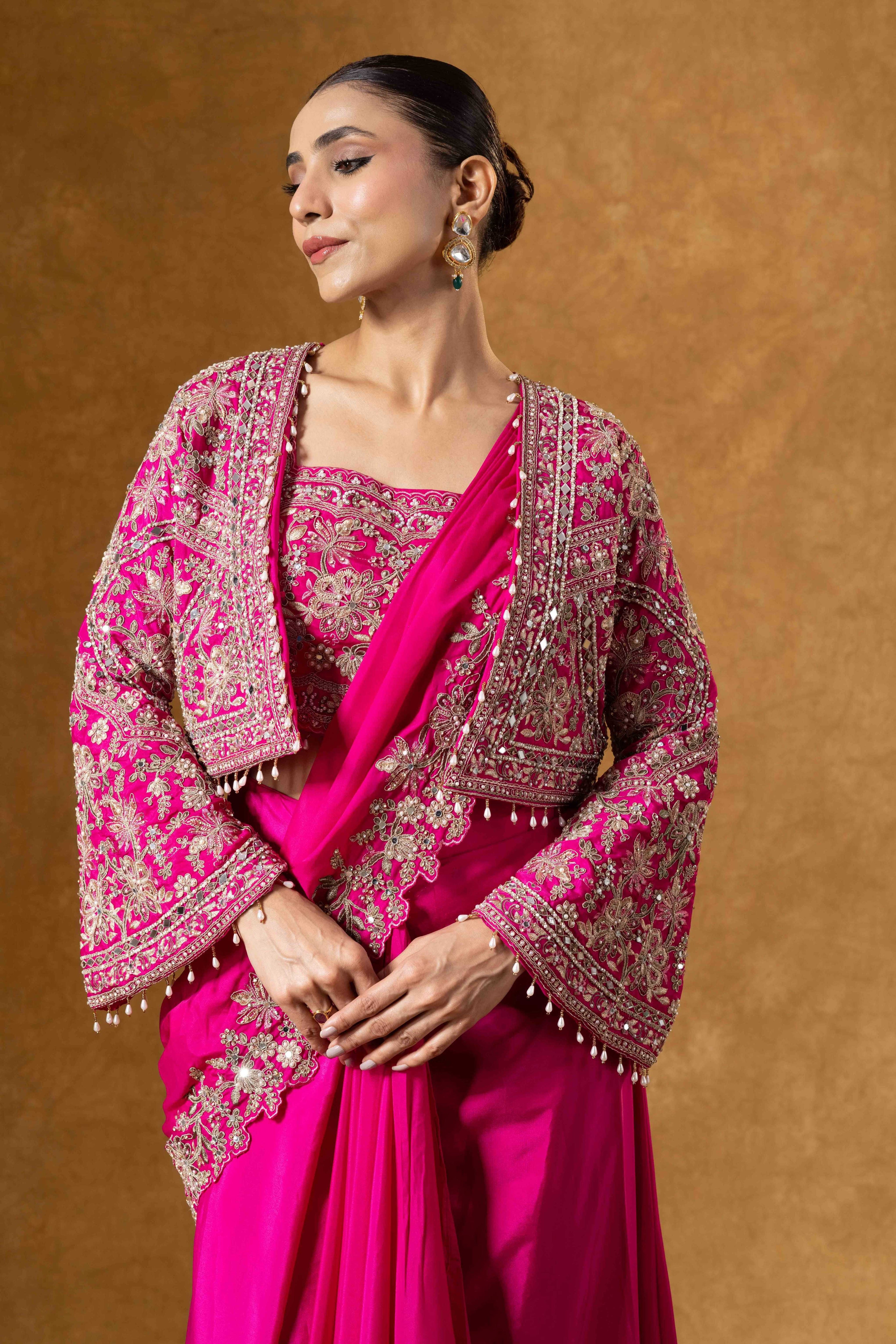 Fuchsia Royale Jacket Saree Set