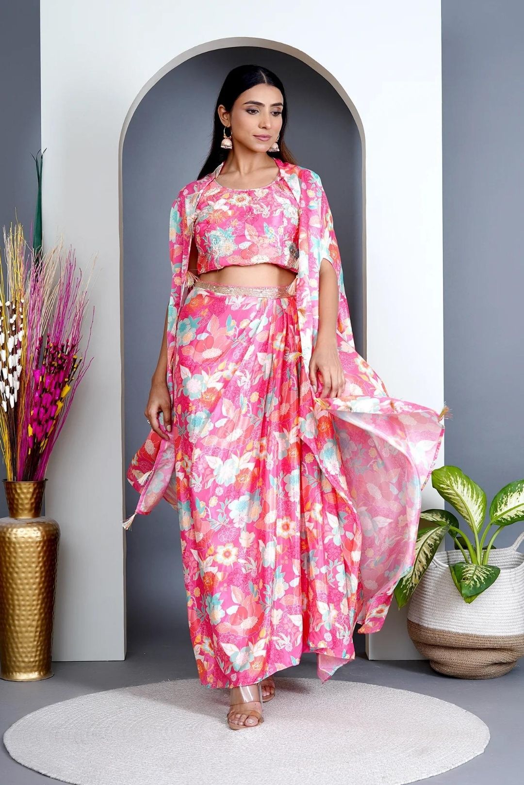 Peach Modal Satin Cape & Dhoti Skirt Set