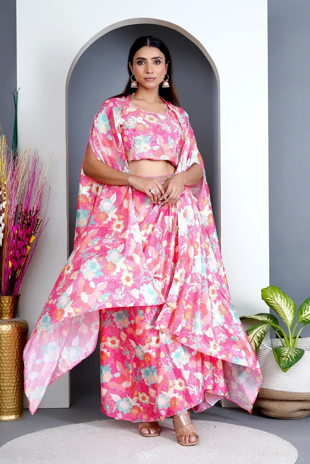 Peach Modal Satin Cape & Dhoti Skirt Set