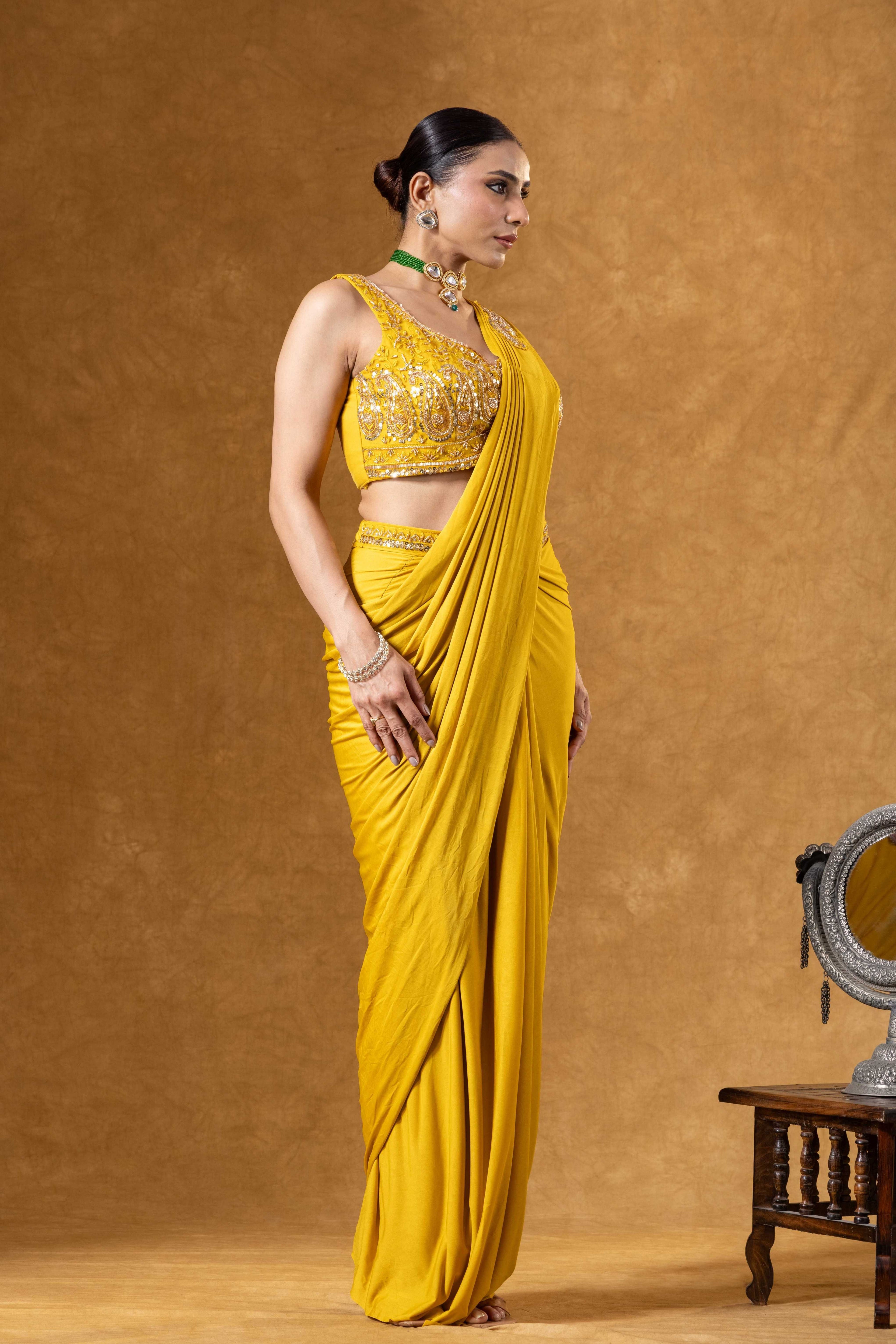 Sunlit Mustard Draped Saree Ensemble