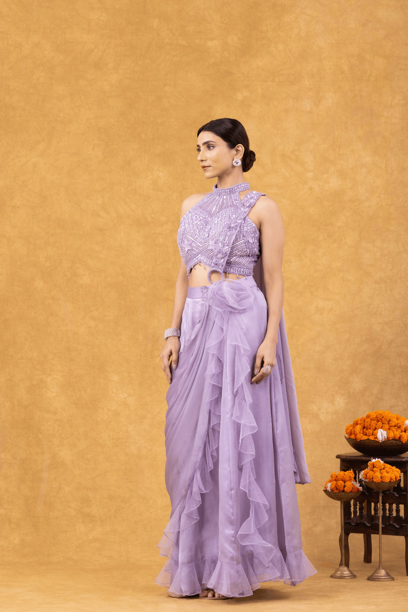 Lilac Ruffle Drape Saree with Embellished Halter Blouse