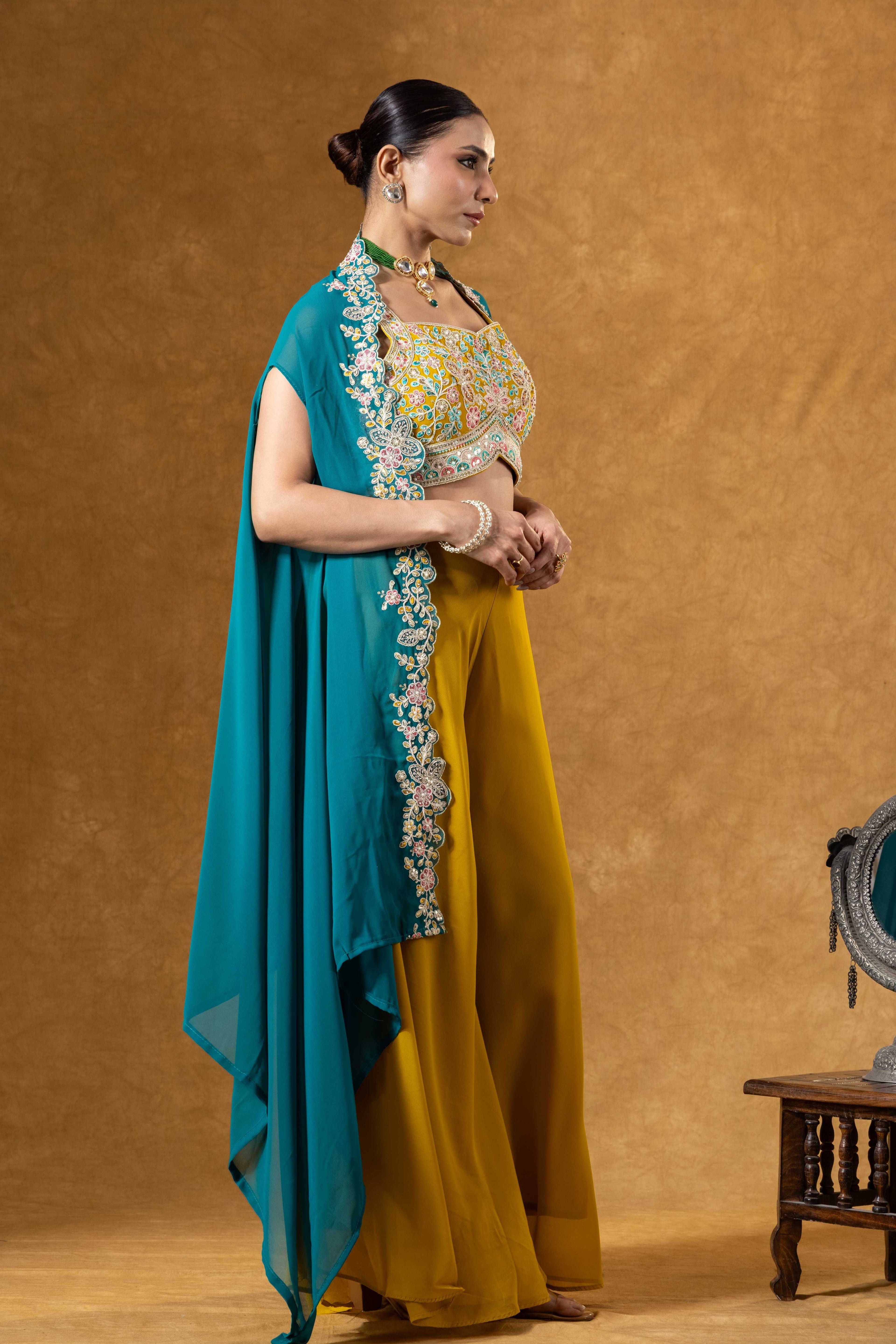 Teal & Marigold Cape Palazzo Set