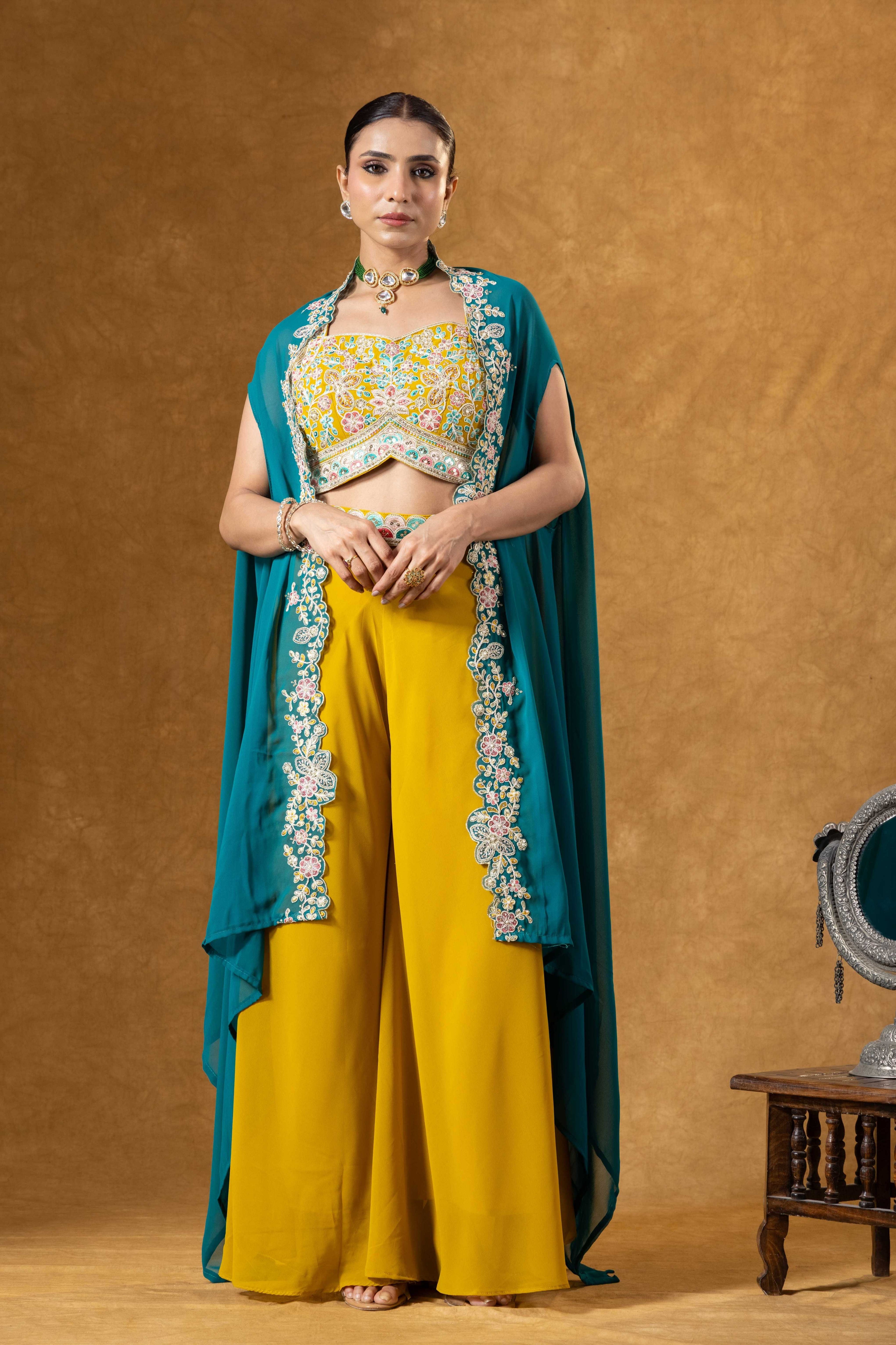 Teal & Marigold Cape Palazzo Set
