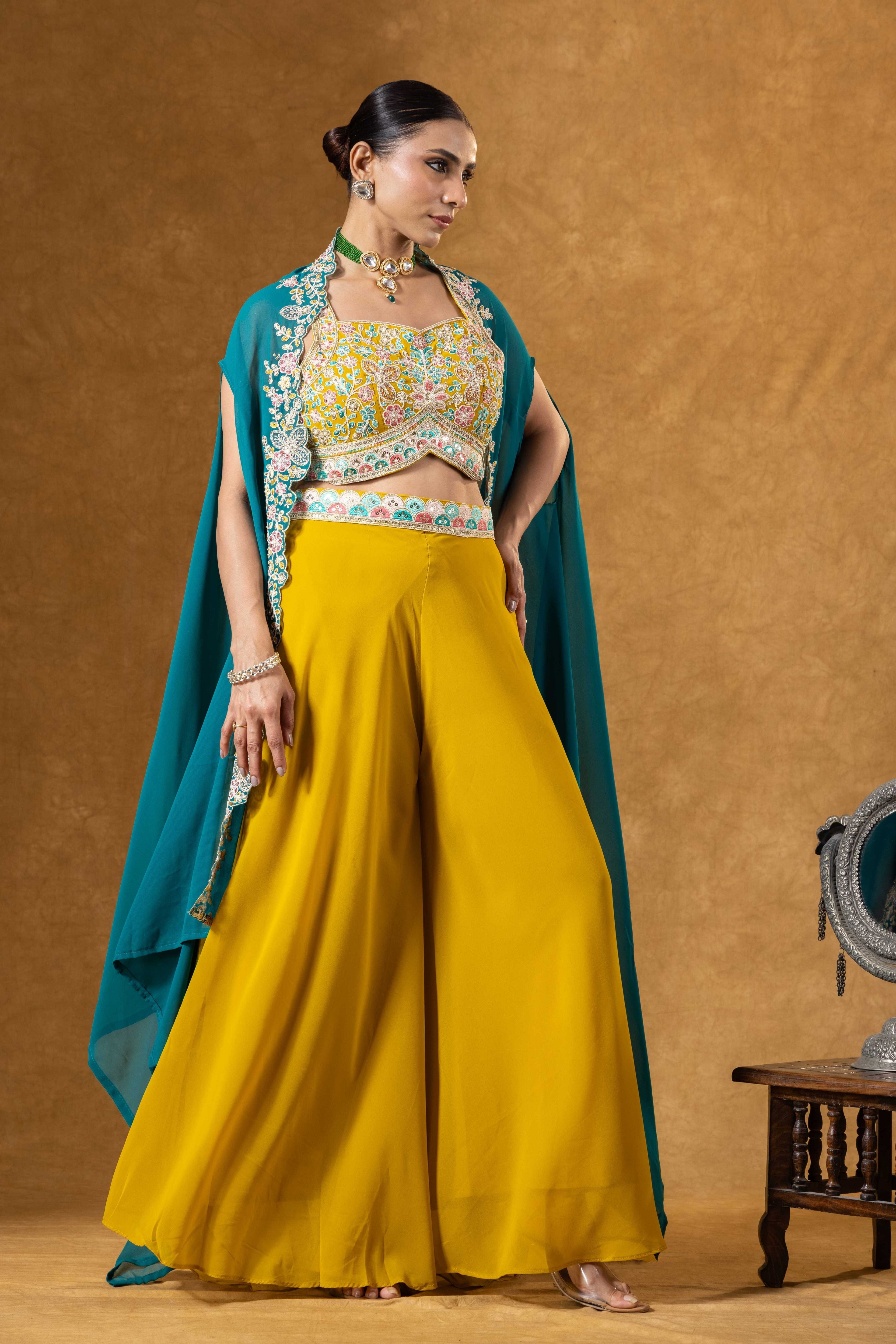 Teal & Marigold Cape Palazzo Set