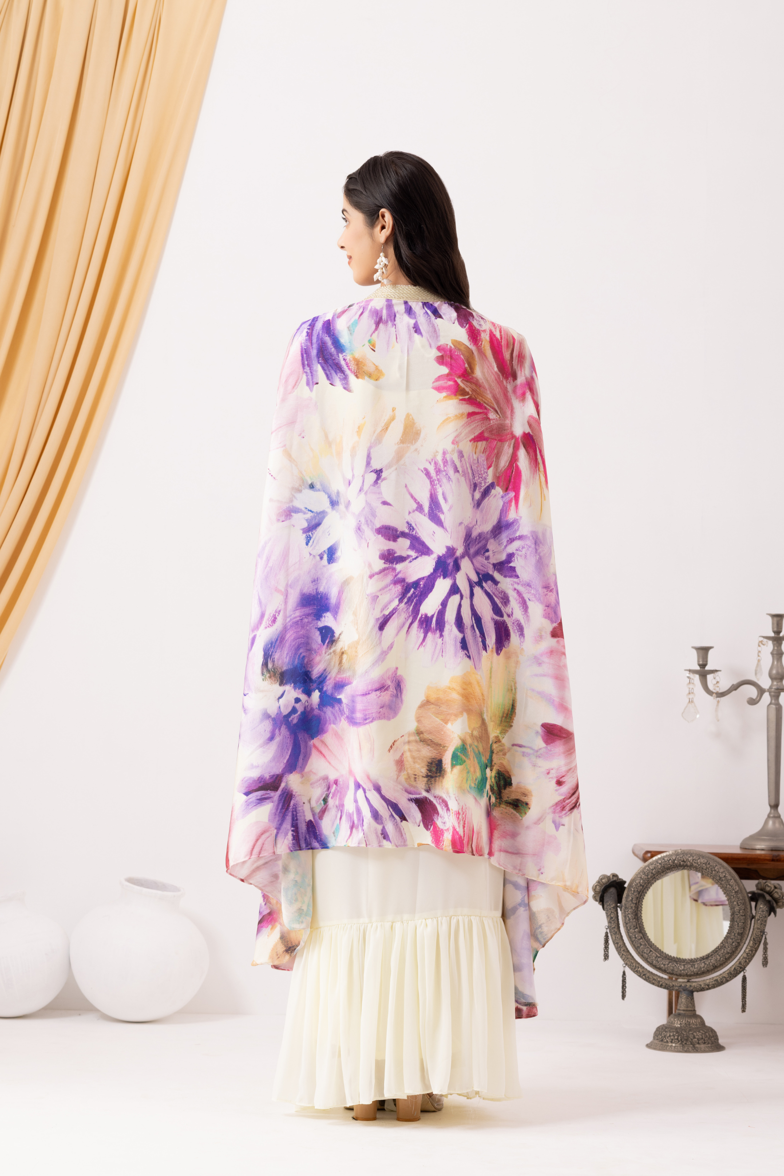 White Ruffle Drape Skirt with Crop Top & Floral Print Cape Set