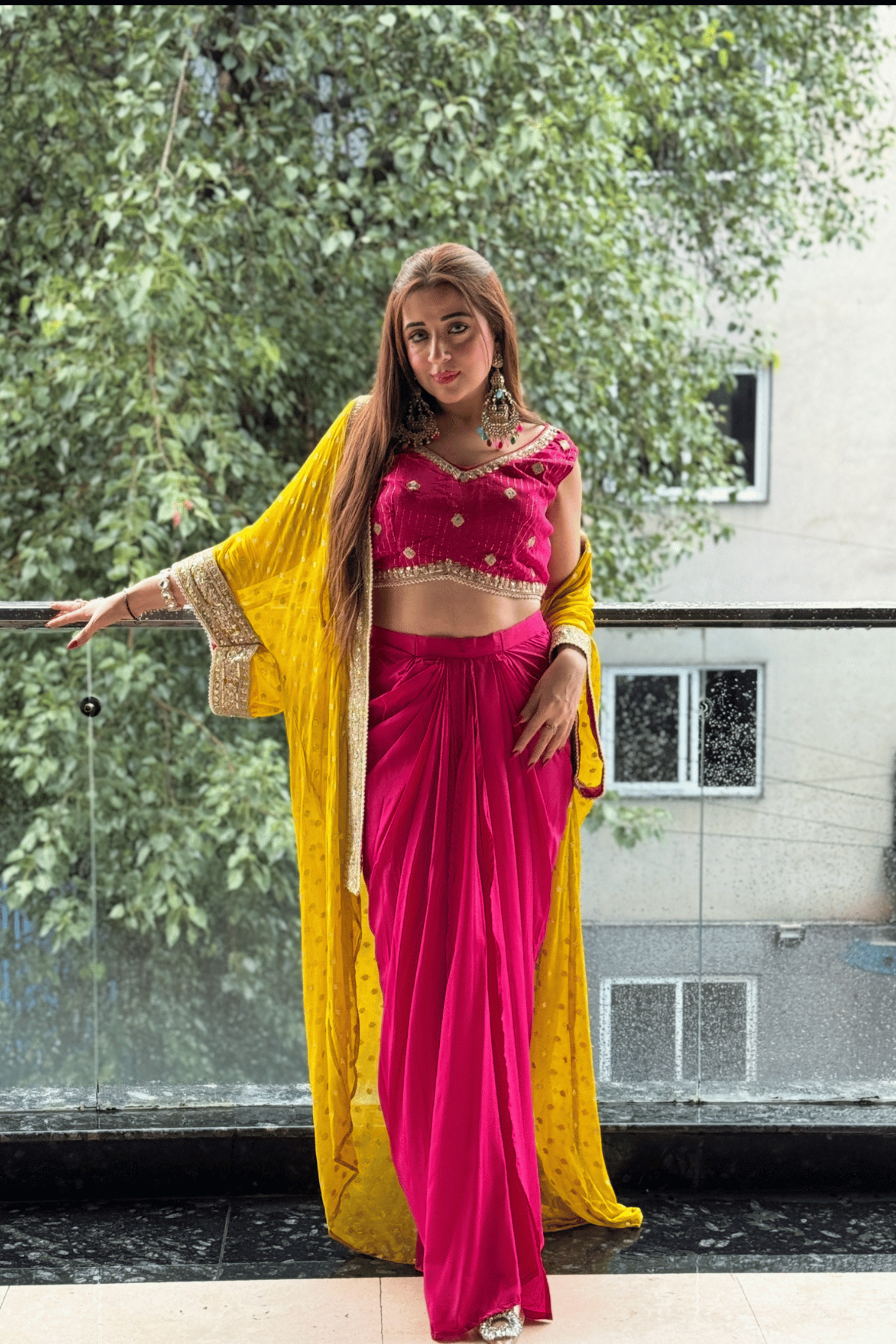 Magenta Draped Skirt Set with Embellished Blouse & Yellow Cape