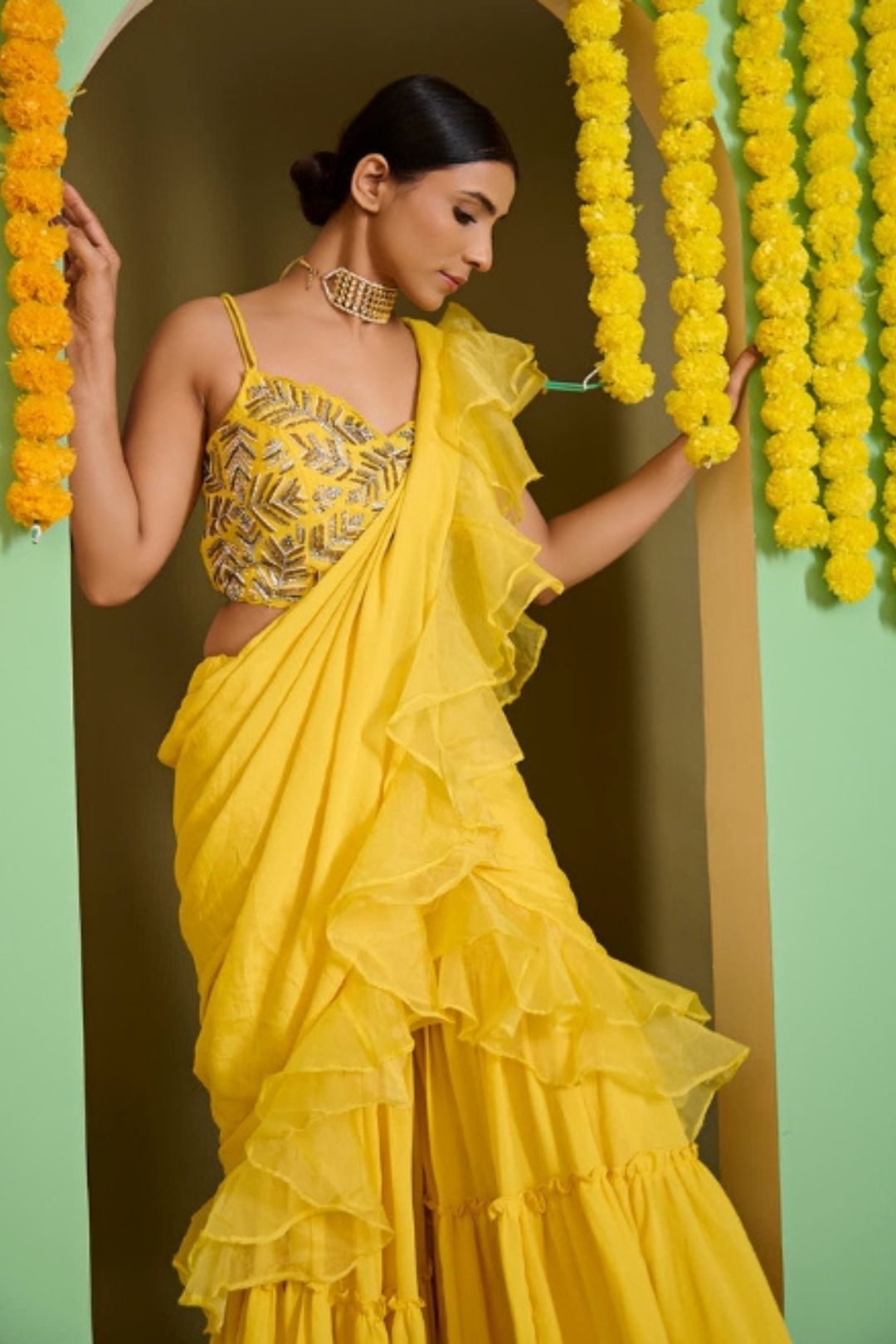 Sunkissed Yellow Organza Sharara Saree Set