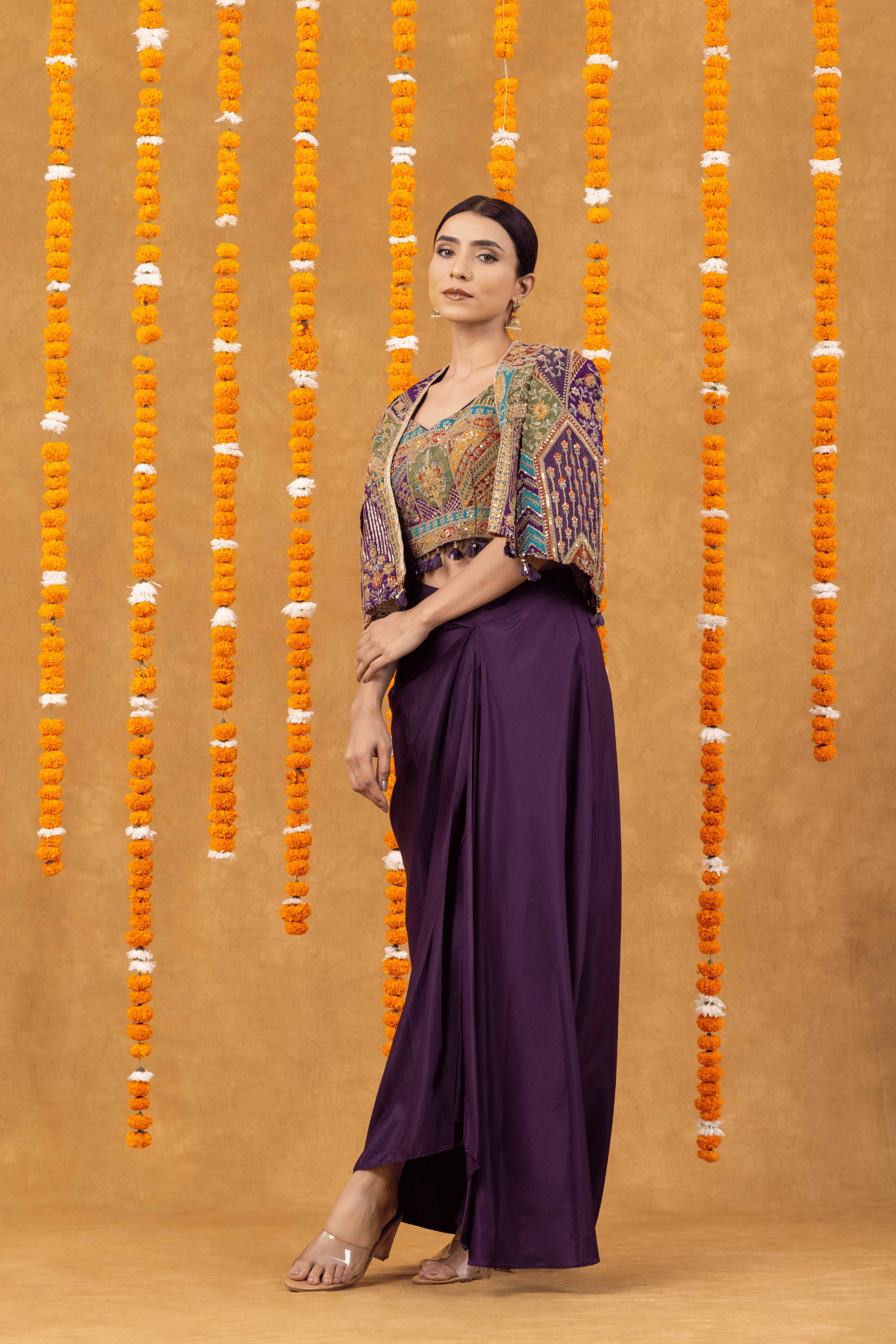 Regal Purple Drape Skirt with Embroidered Crop Top & Jacket