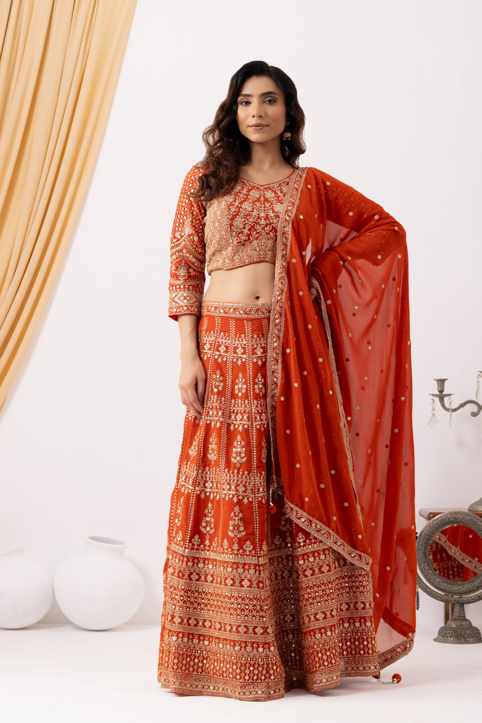 Rust Orange Zardozi Lehenga Set