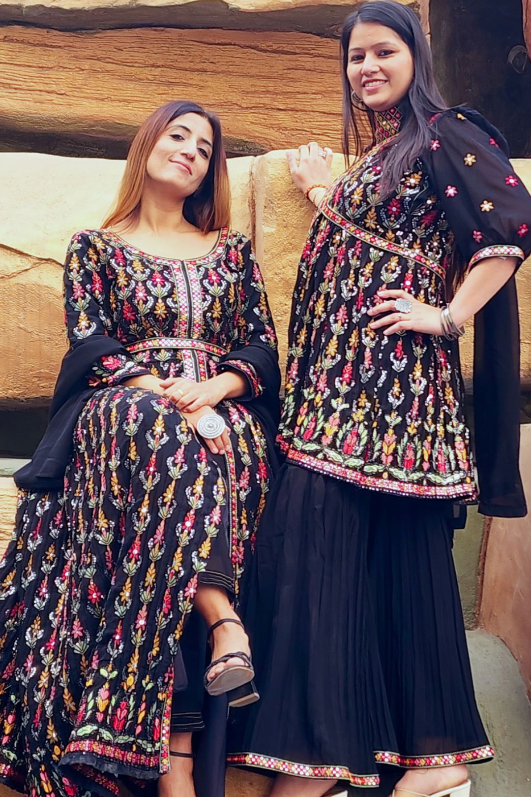 Black Multi Threadwork Georgette Sharara Suit