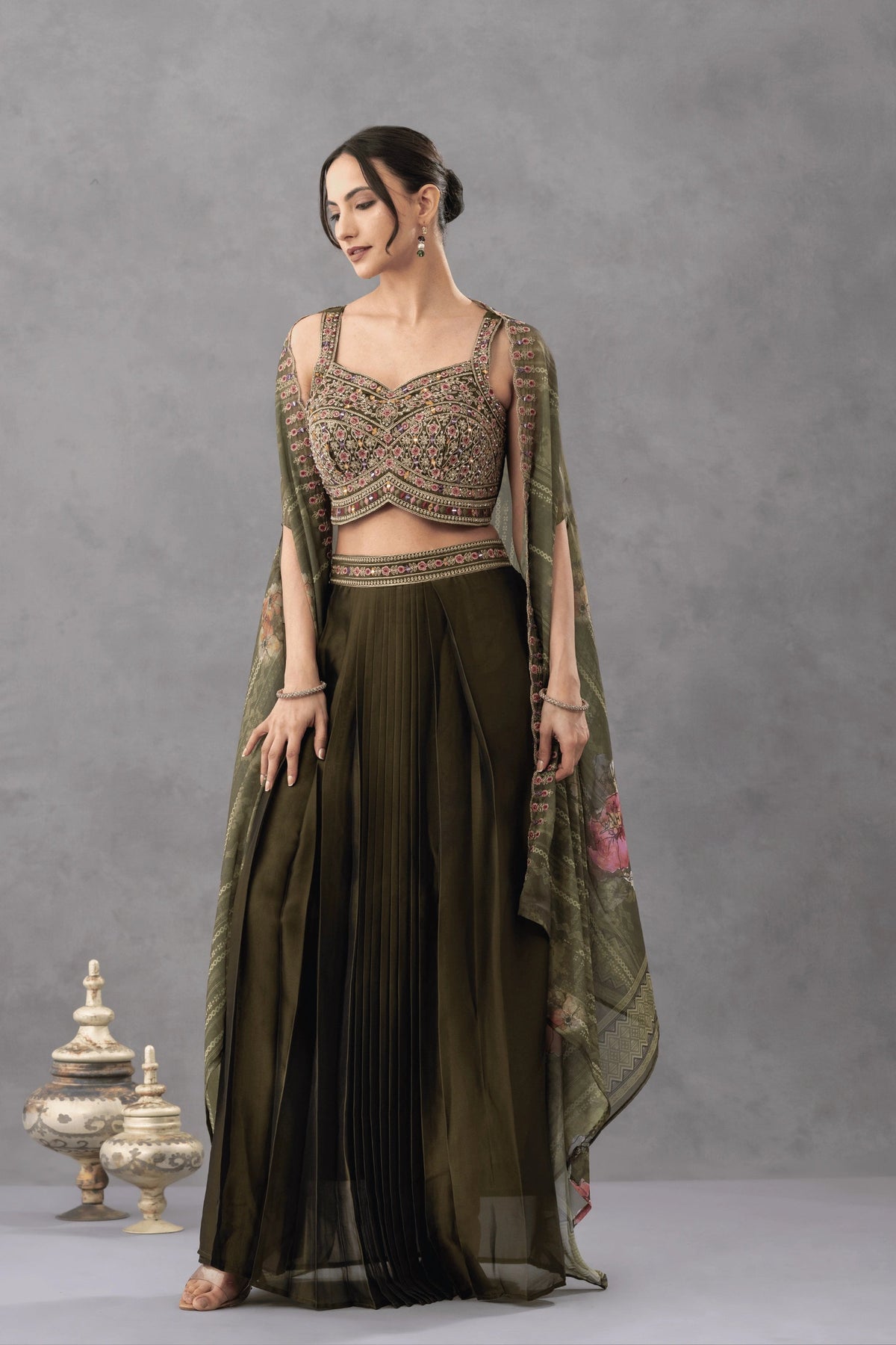 Deep Olive Green Skirt Cape set