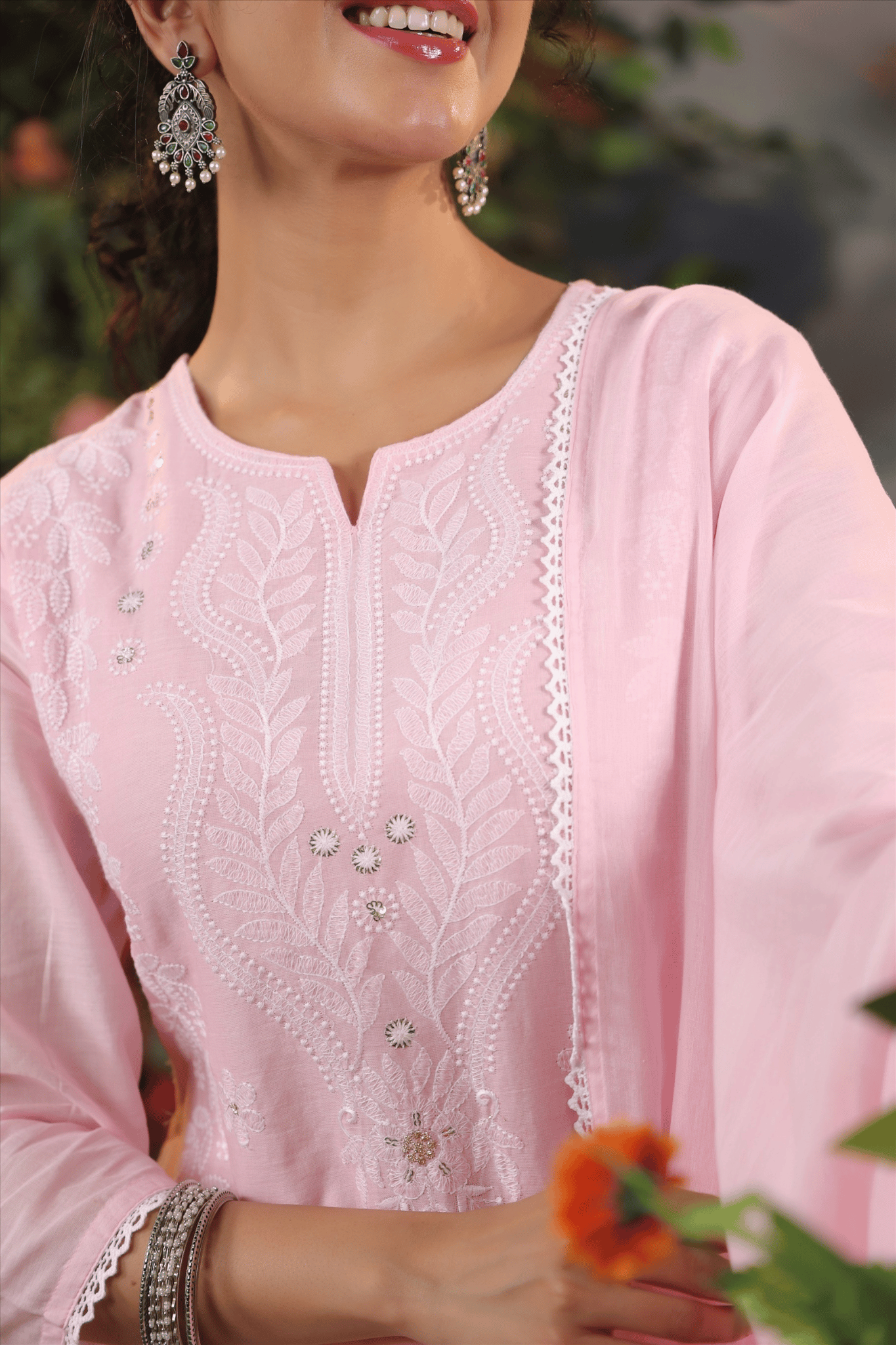 Pink Embroidered Mulmul kurta set