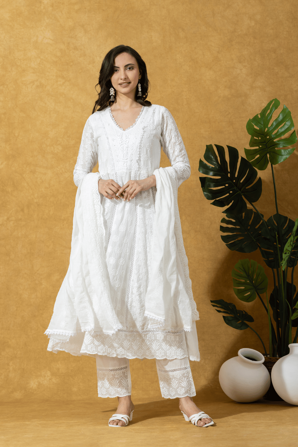 Ivory Embroidered Chikankari Anarkali Suit Set