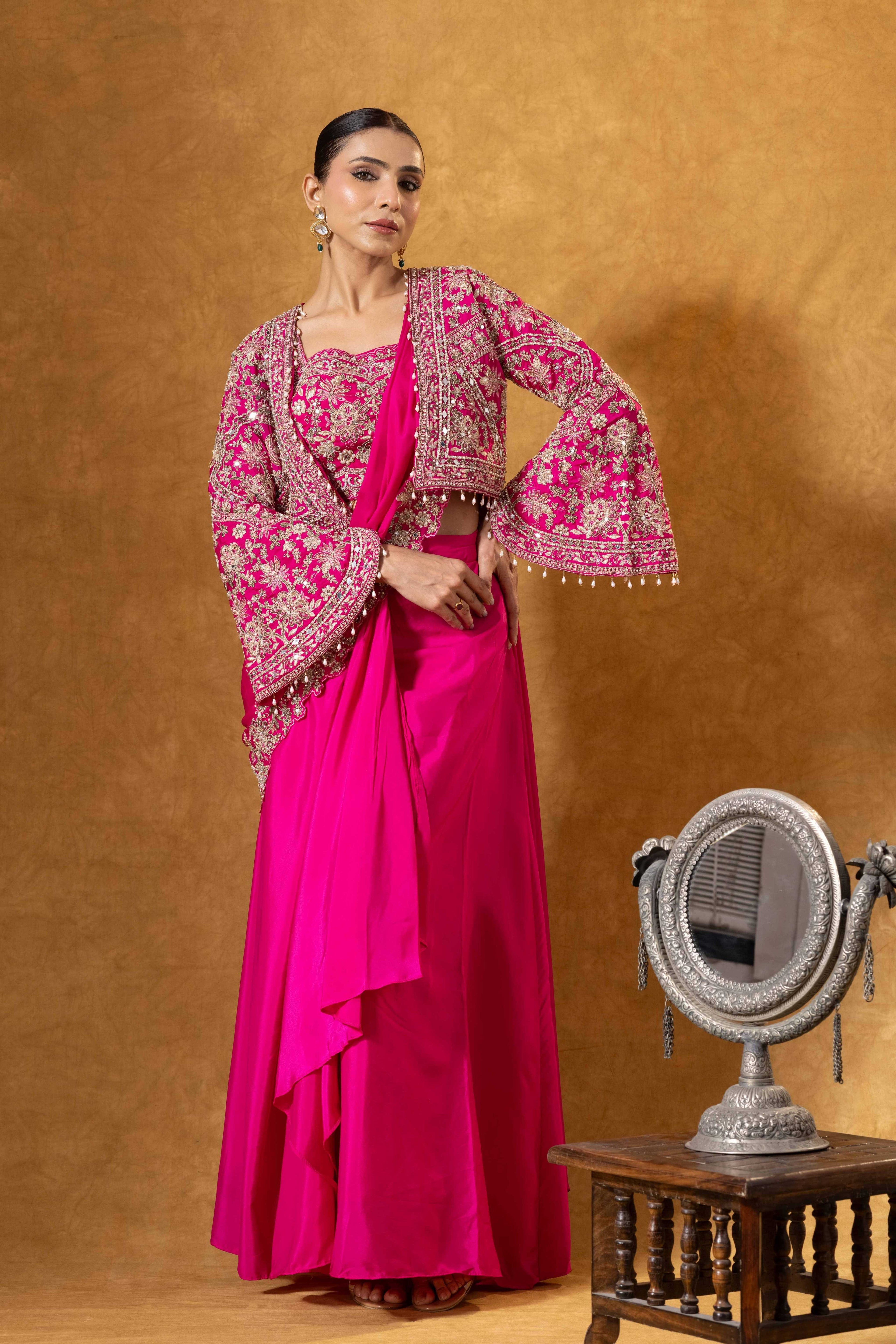 Fuchsia Royale Jacket Saree Set