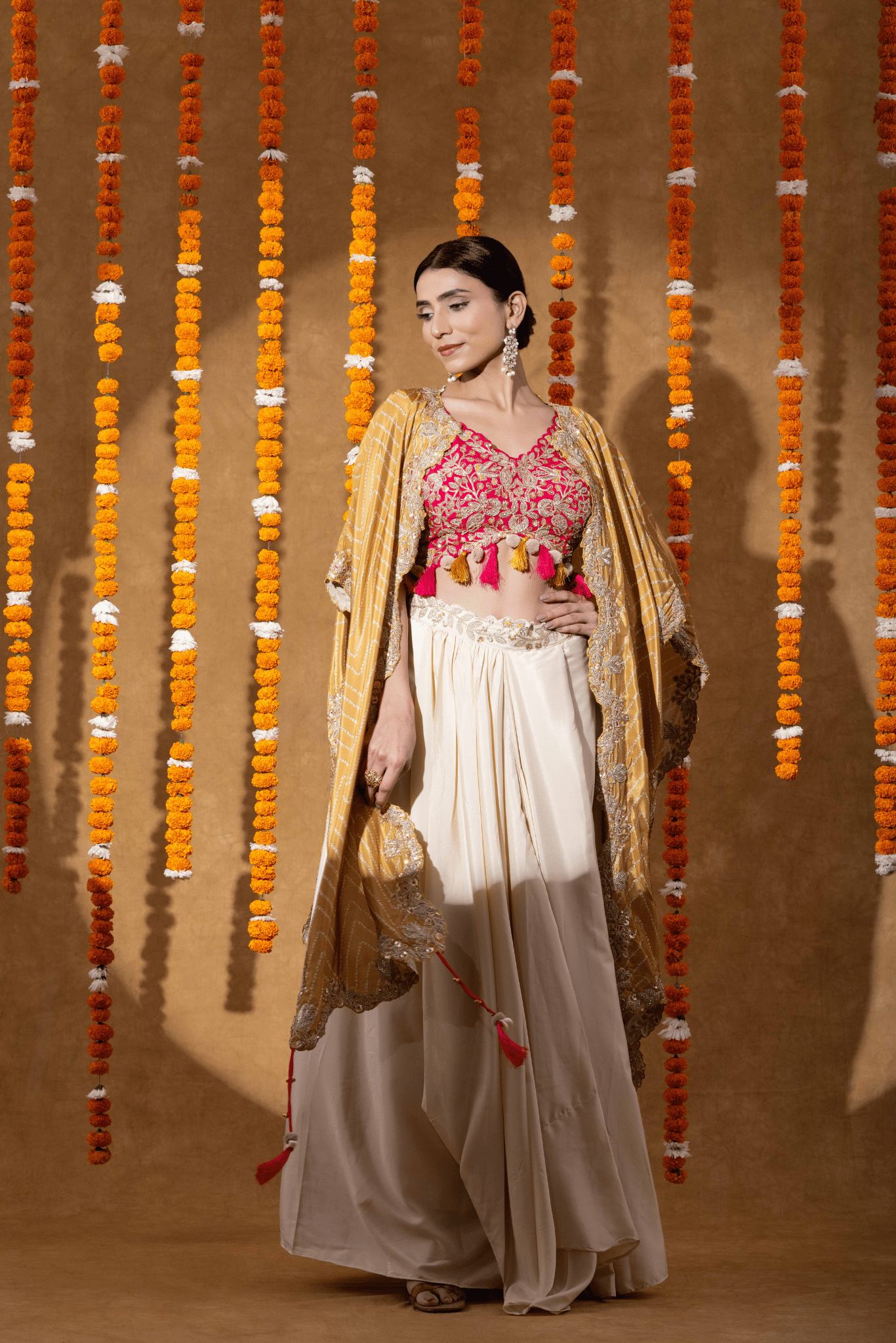 Golden Mustard Cape with Fuchsia Embroidered Blouse & Ivory Drape Skirt