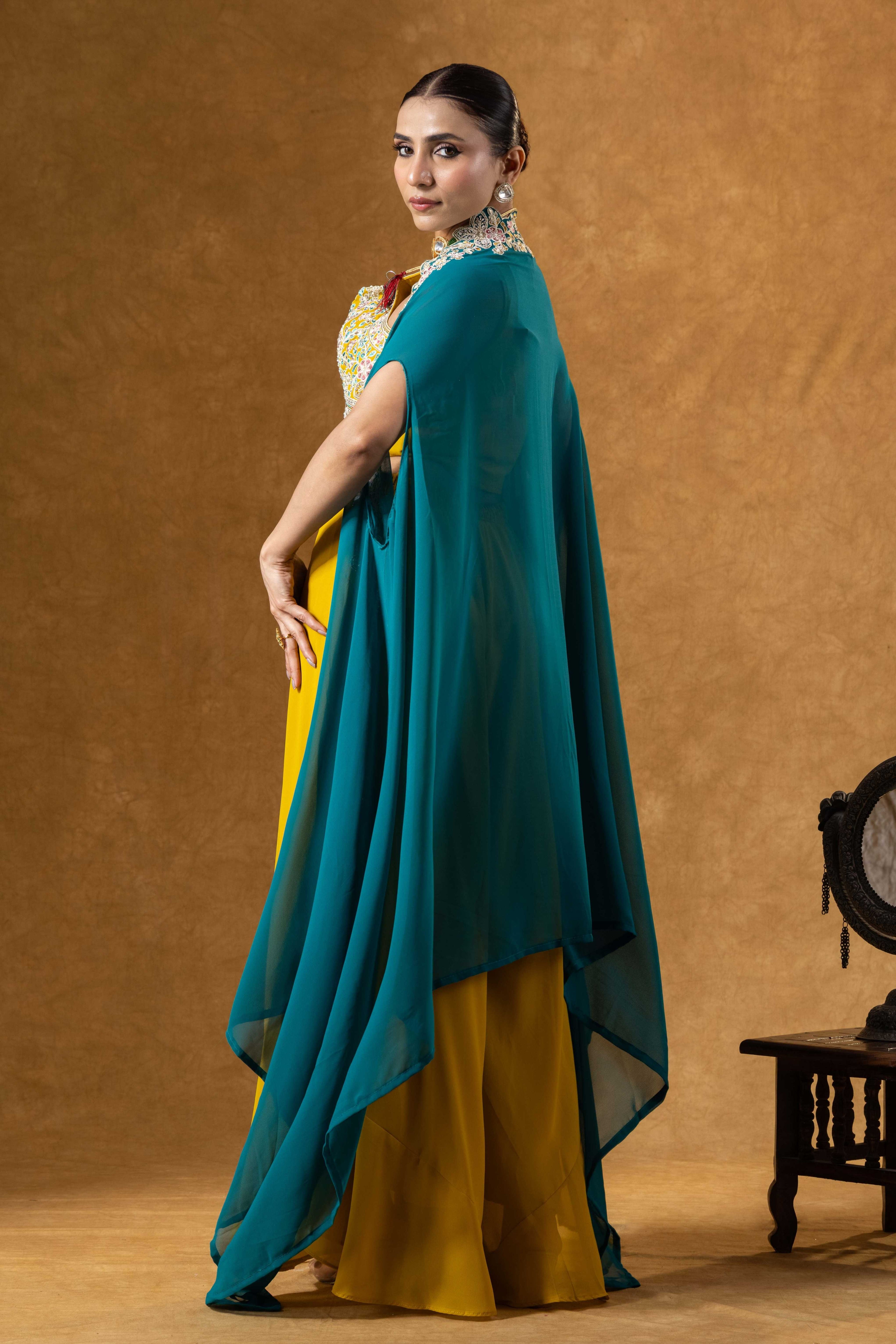 Teal & Marigold Cape Palazzo Set