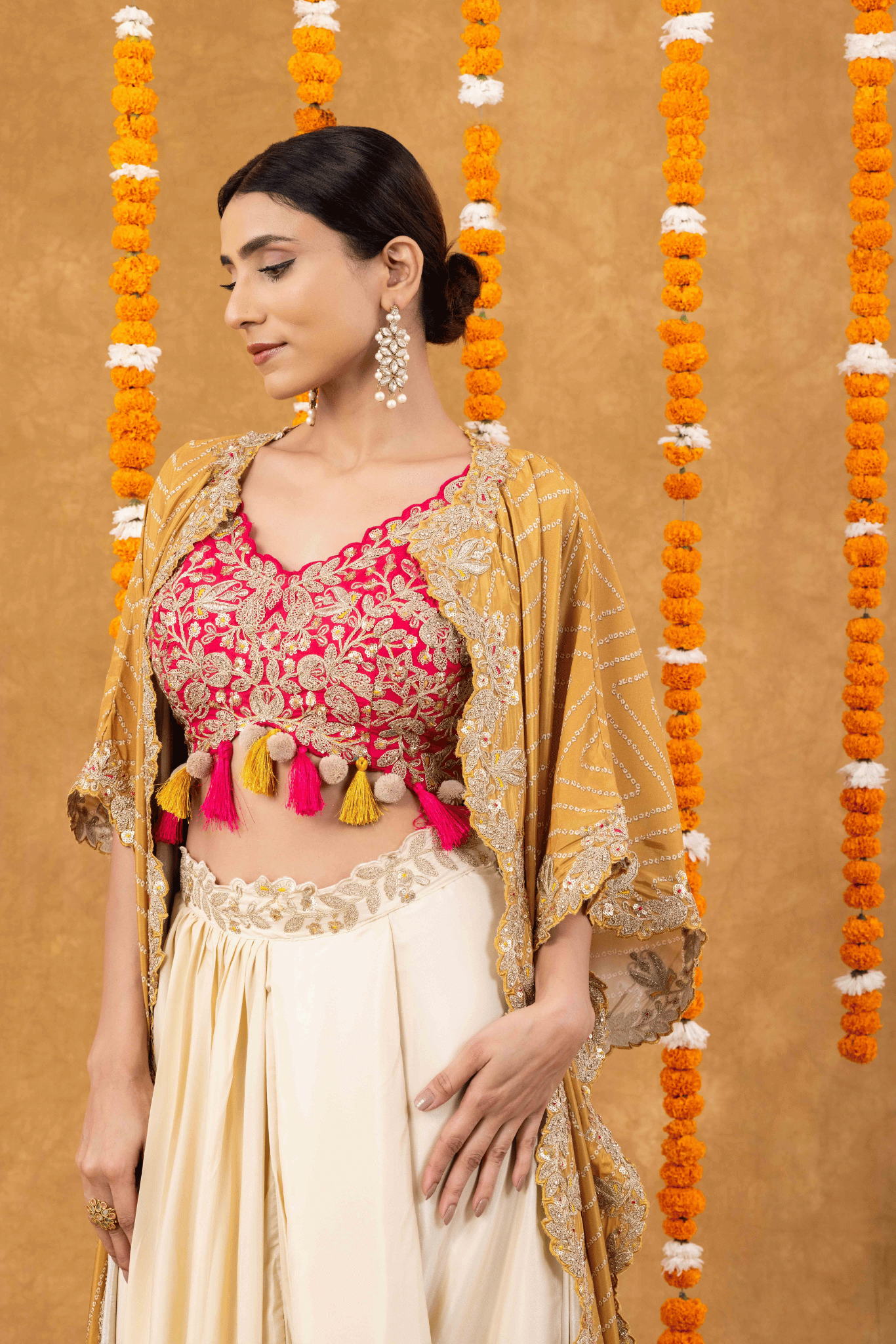 Golden Mustard Cape with Fuchsia Embroidered Blouse & Ivory Drape Skirt