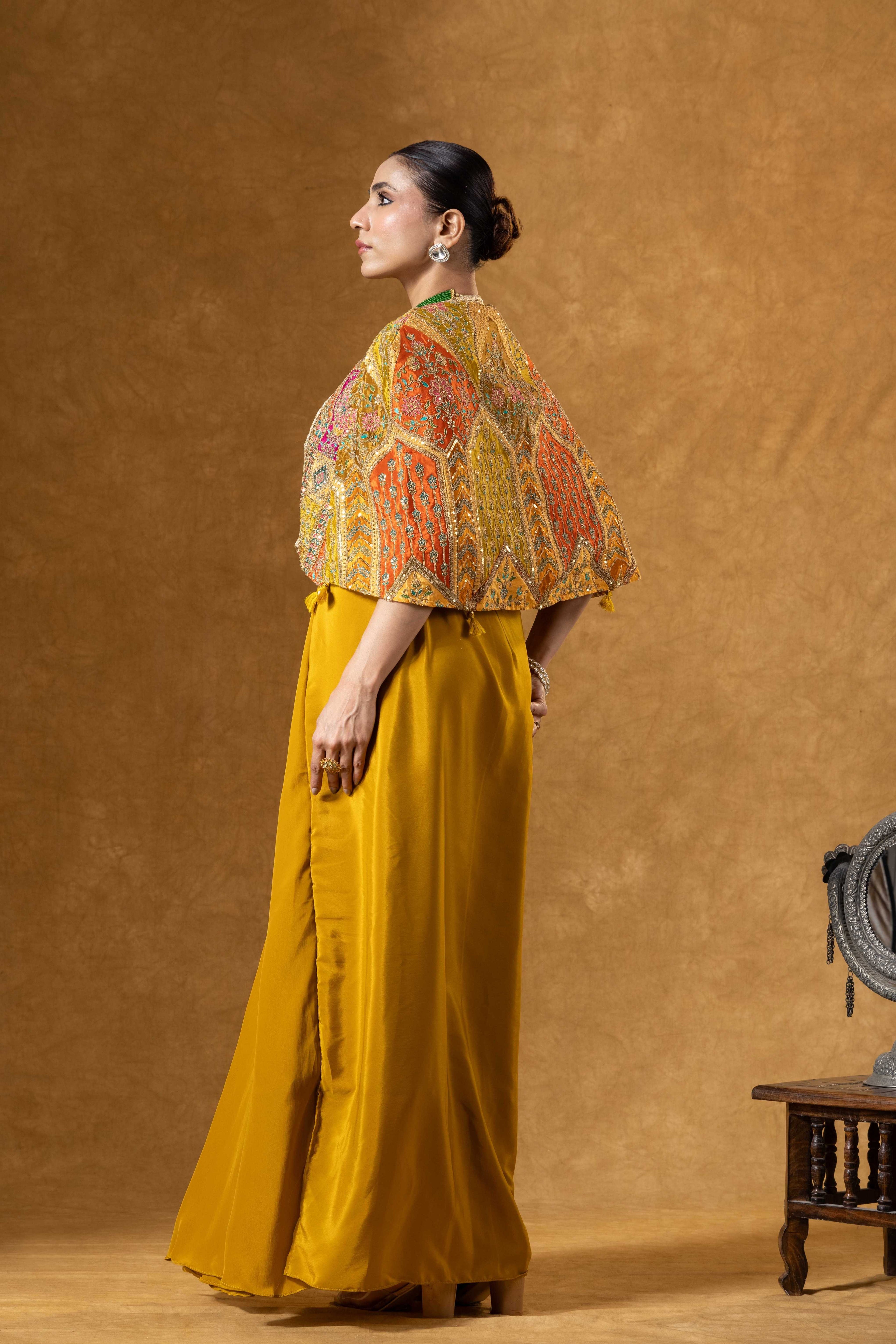 Mustard Yellow Skirt with Embroidered Crop Top & Jacket