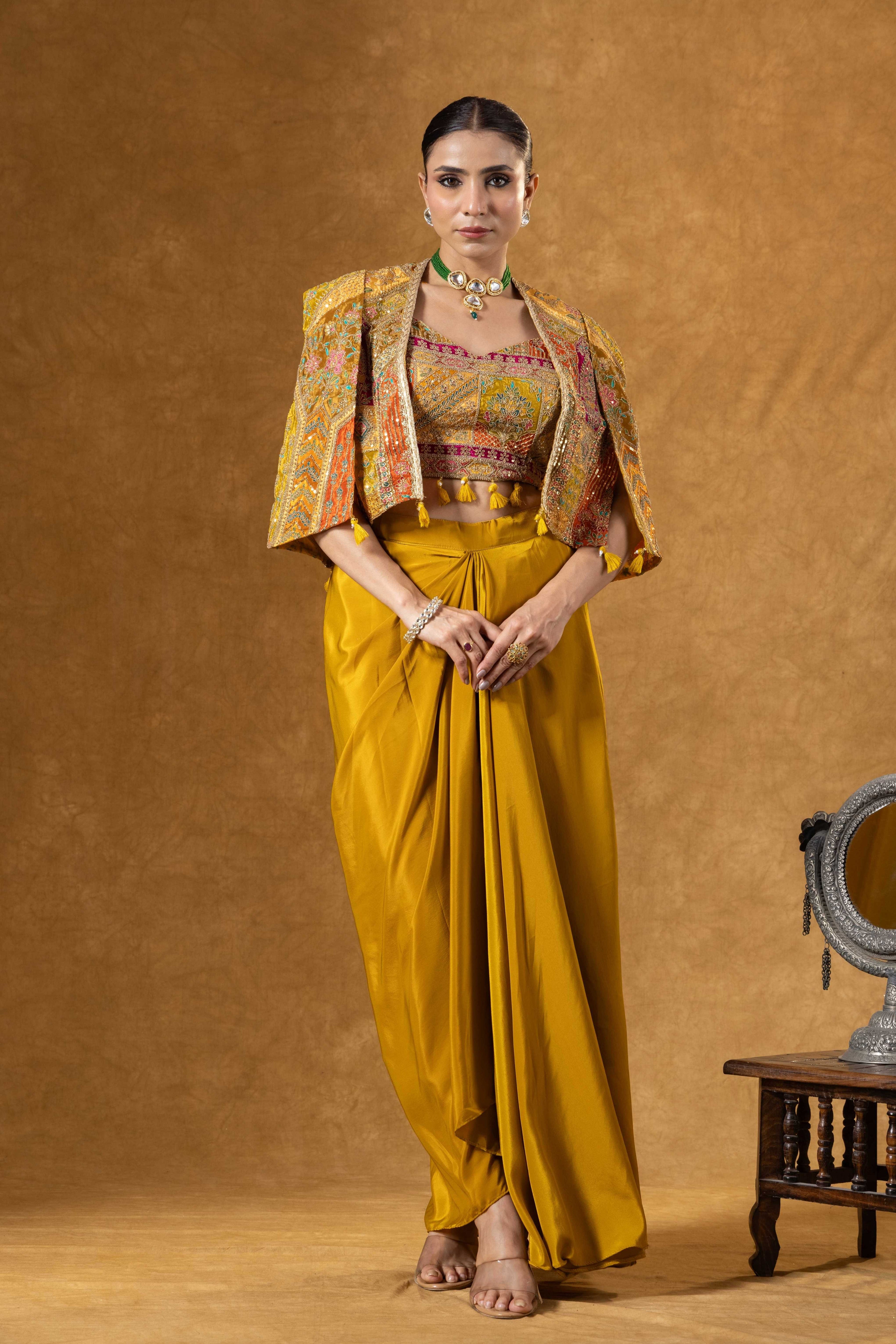 Mustard Yellow Skirt with Embroidered Crop Top & Jacket