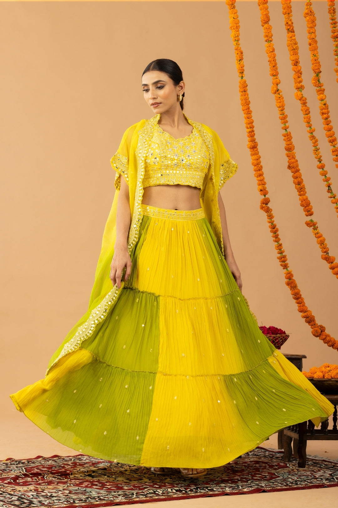 Yellow Green Indo-Western Crop Top Lehenga with Shrug – Uniqstree