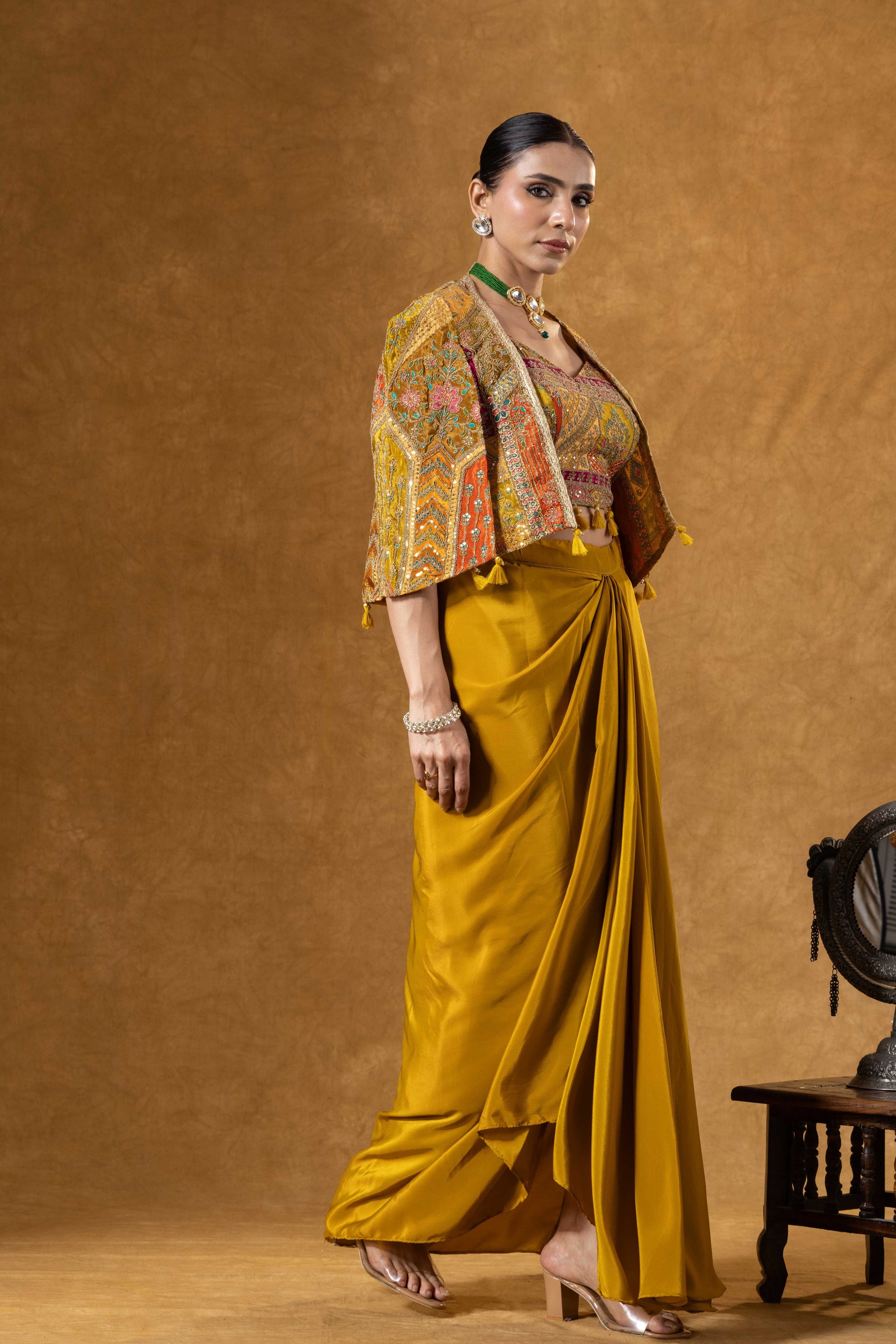 Mustard Yellow Skirt with Embroidered Crop Top & Jacket