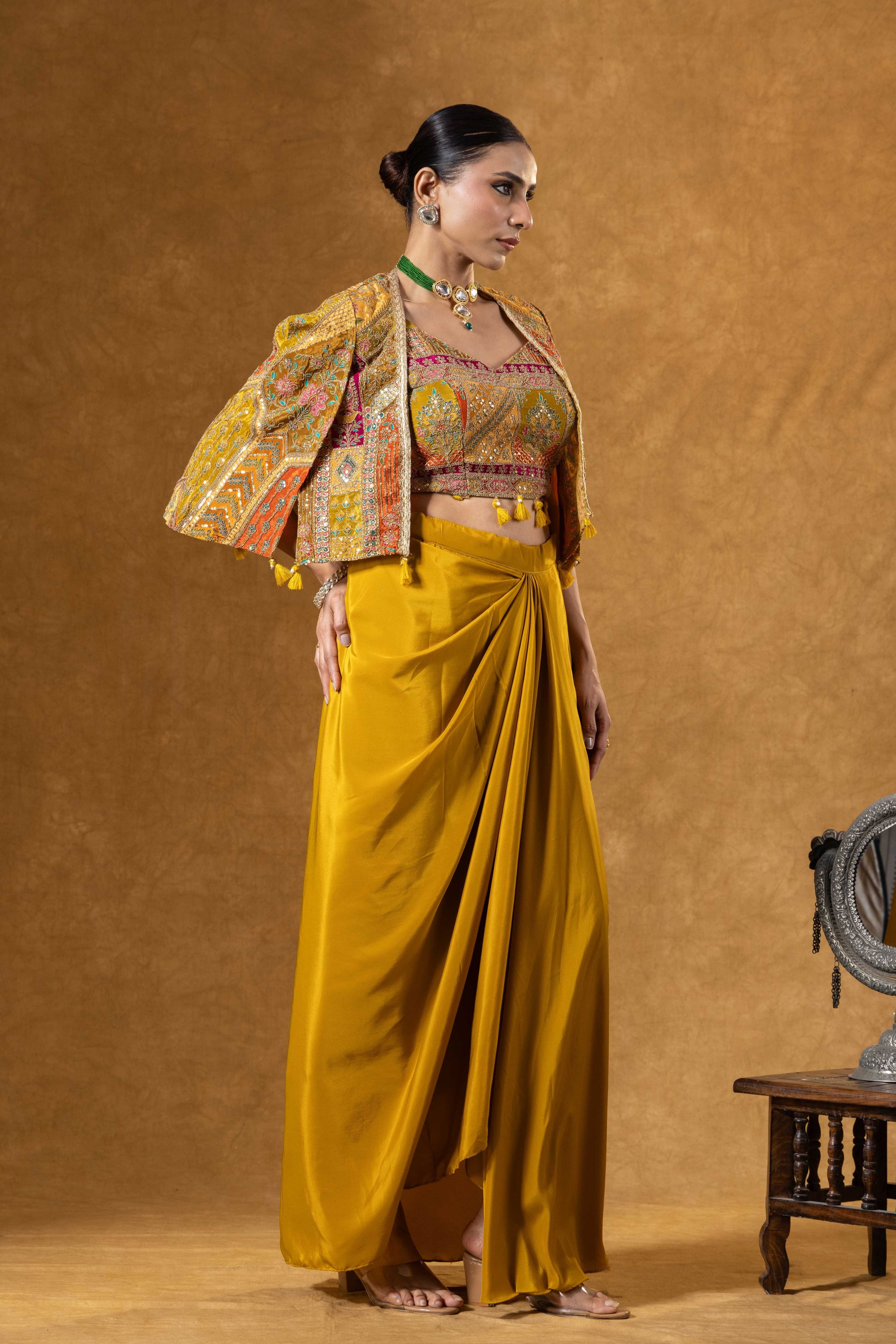 Mustard Yellow Skirt with Embroidered Crop Top & Jacket