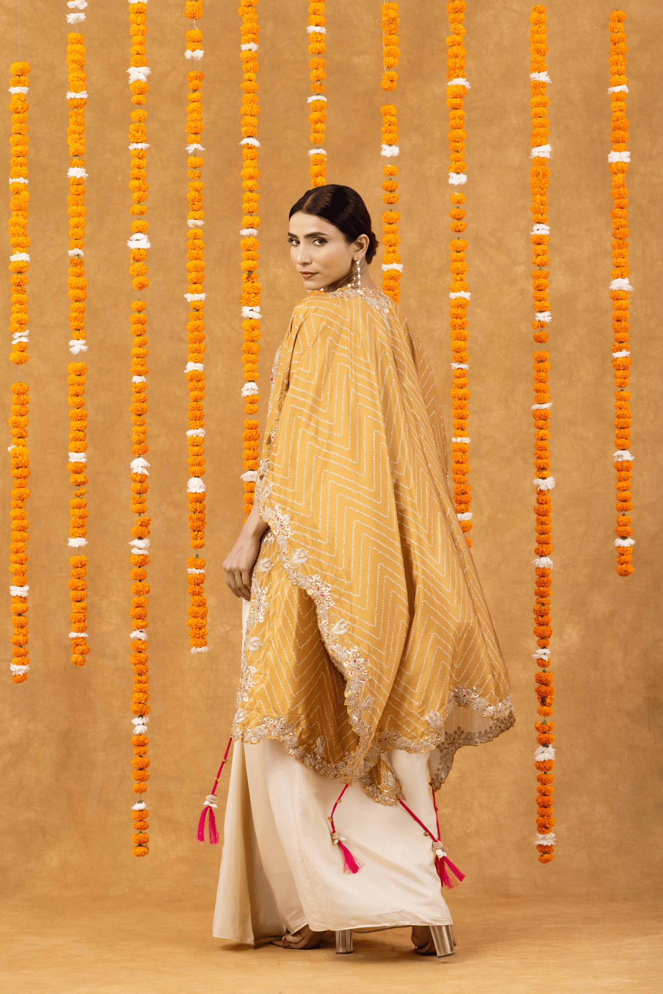 Golden Mustard Cape with Fuchsia Embroidered Blouse & Ivory Drape Skirt