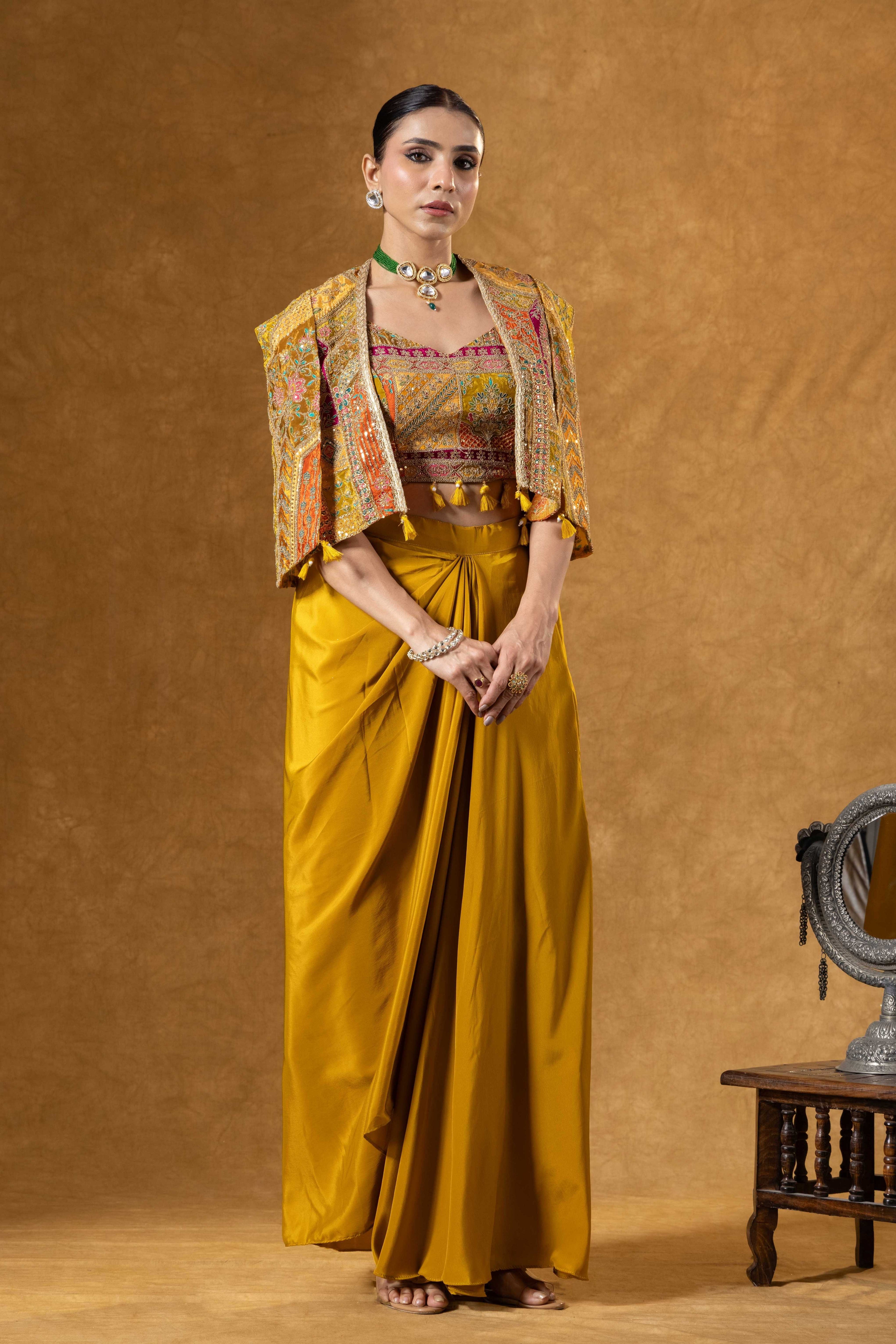 Mustard Yellow Skirt with Embroidered Crop Top & Jacket