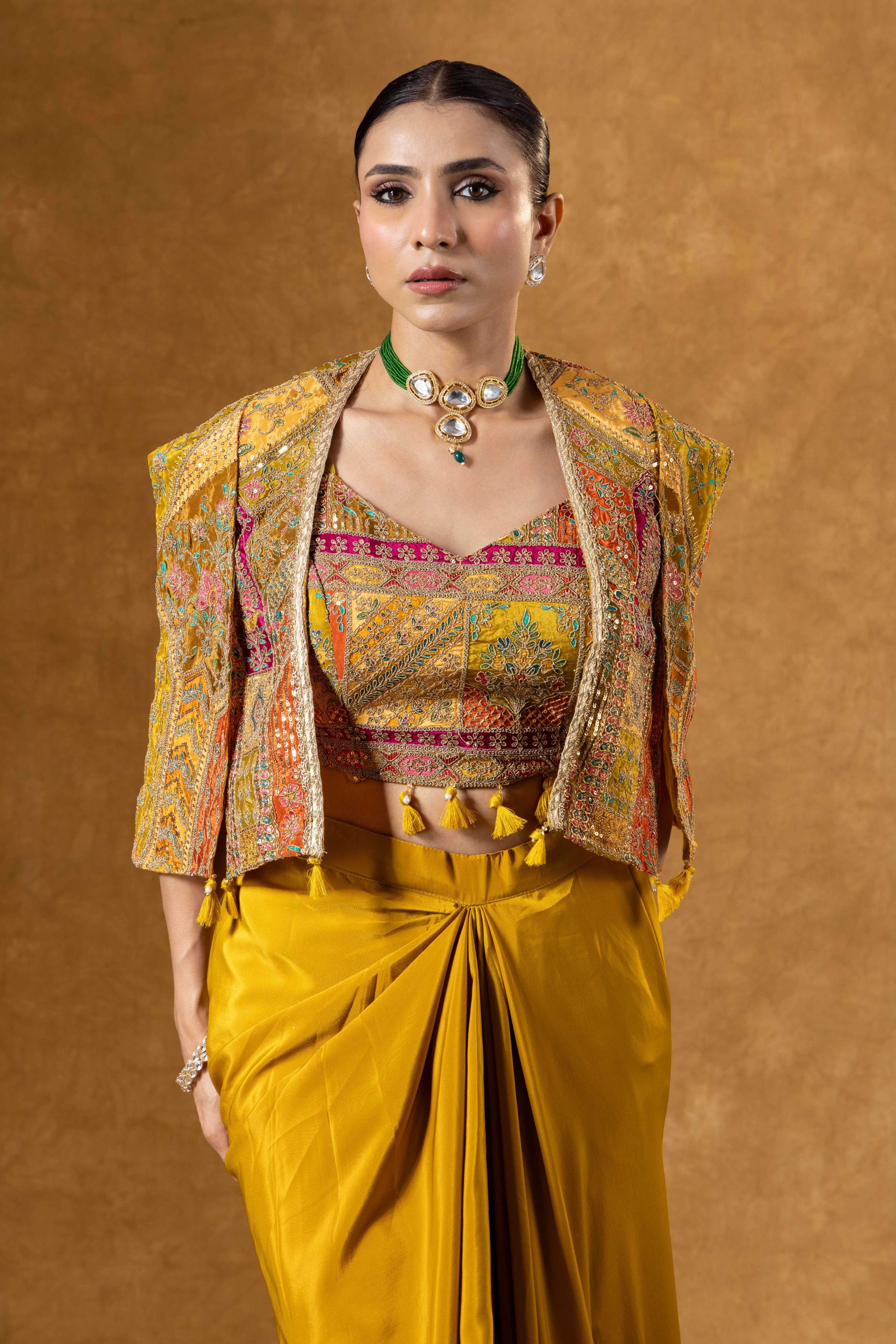 Mustard Yellow Skirt with Embroidered Crop Top & Jacket