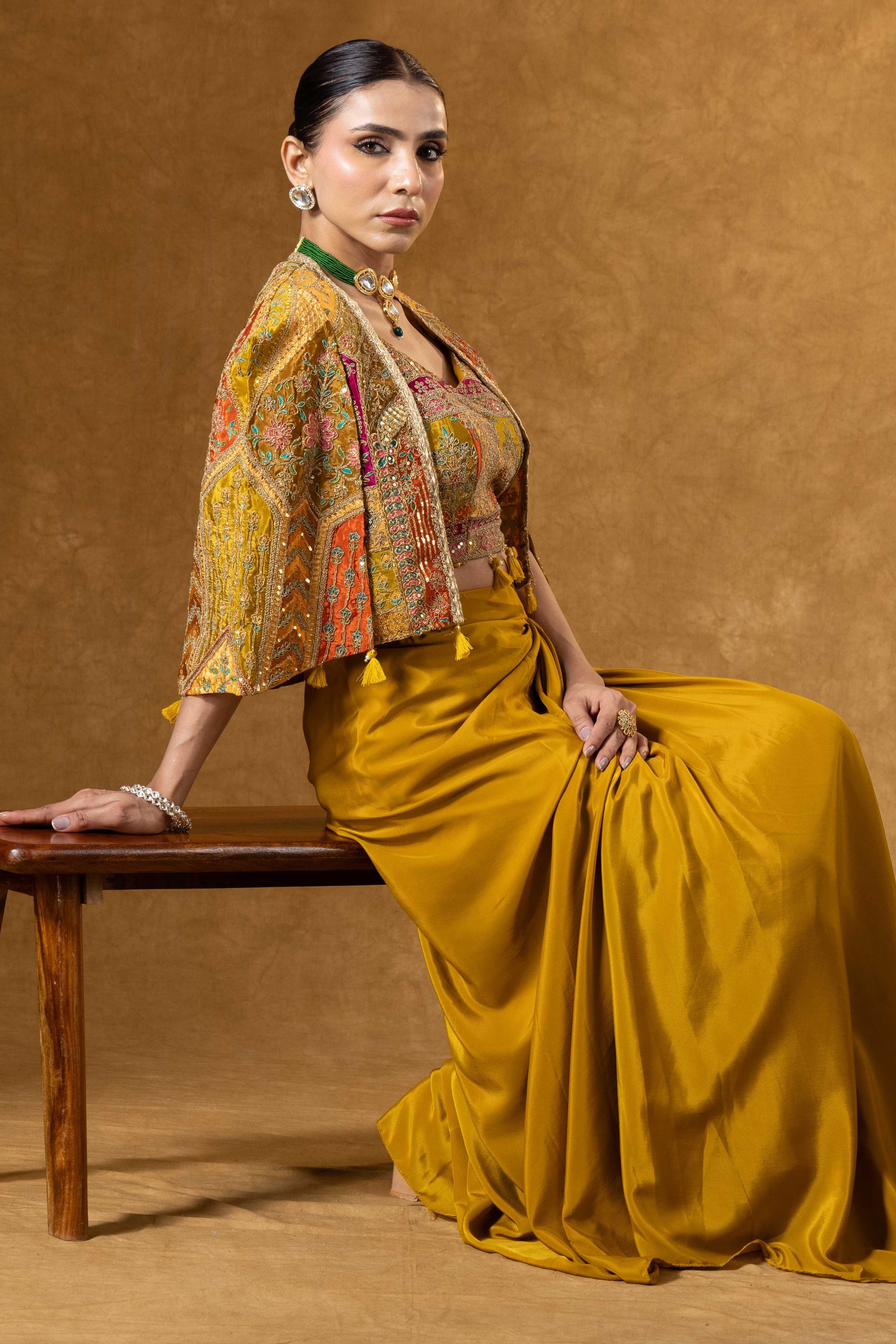 Mustard Yellow Skirt with Embroidered Crop Top & Jacket