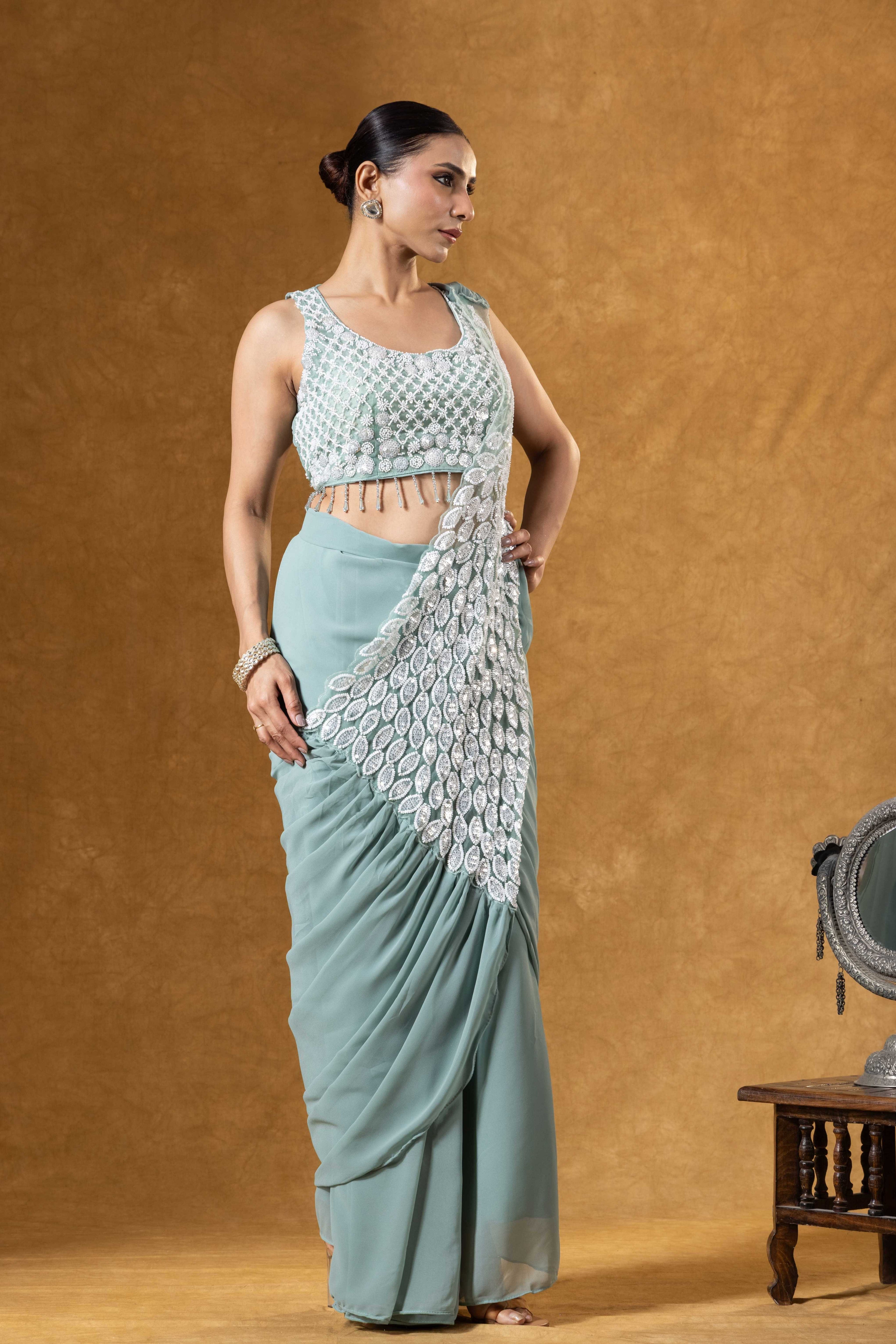 Mint Green Hand Embellished Saree