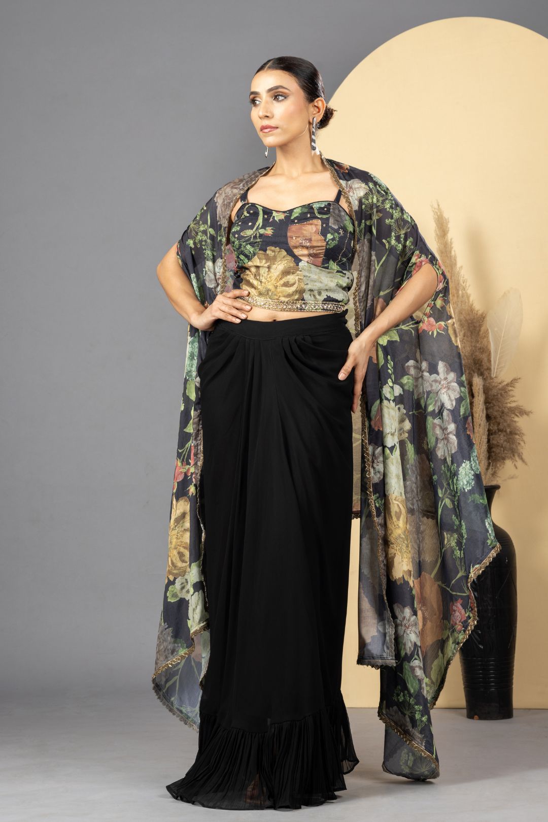 Black Floral Print Drape Skirt, Choli & Cape Set