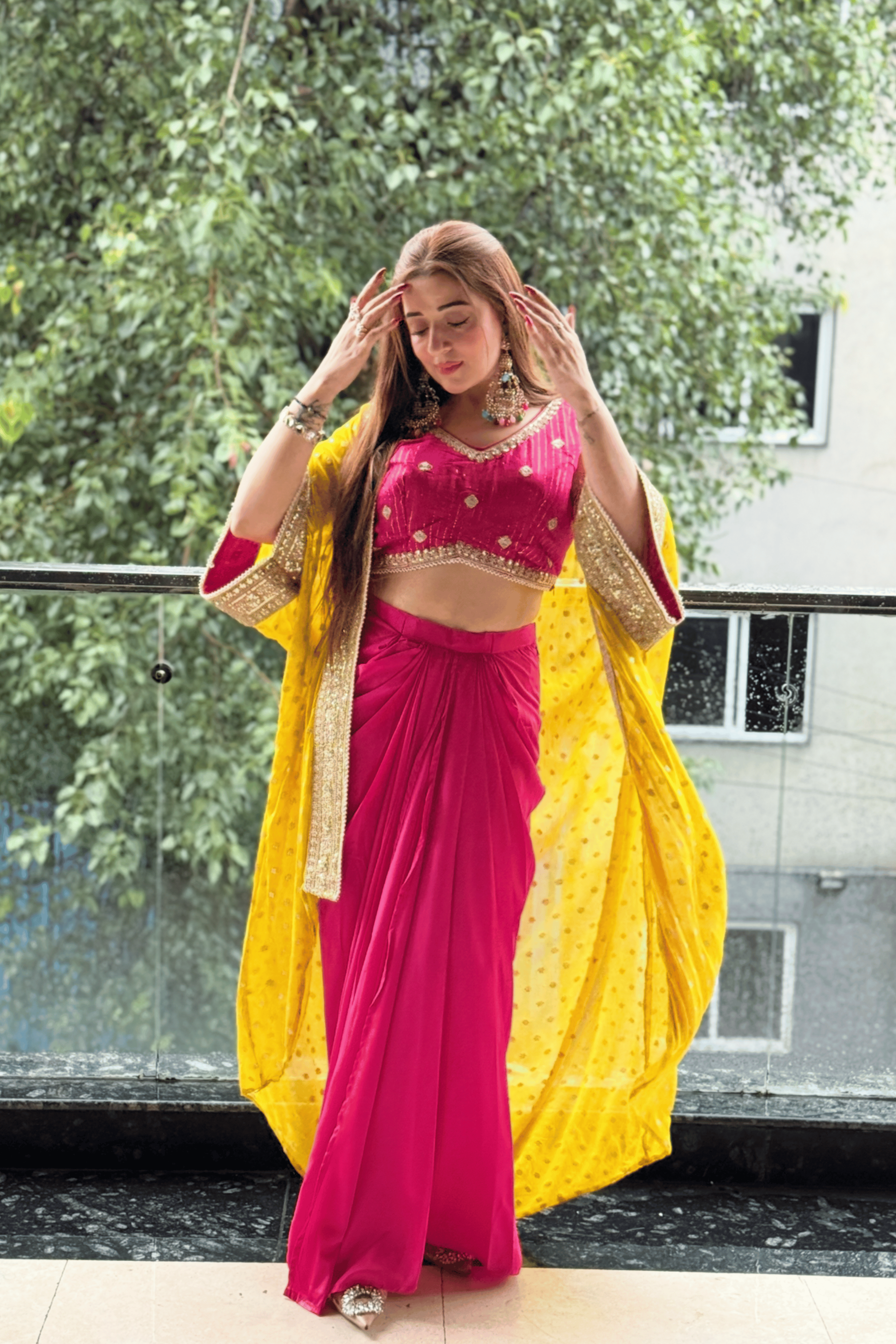 Magenta Draped Skirt Set with Embellished Blouse & Yellow Cape