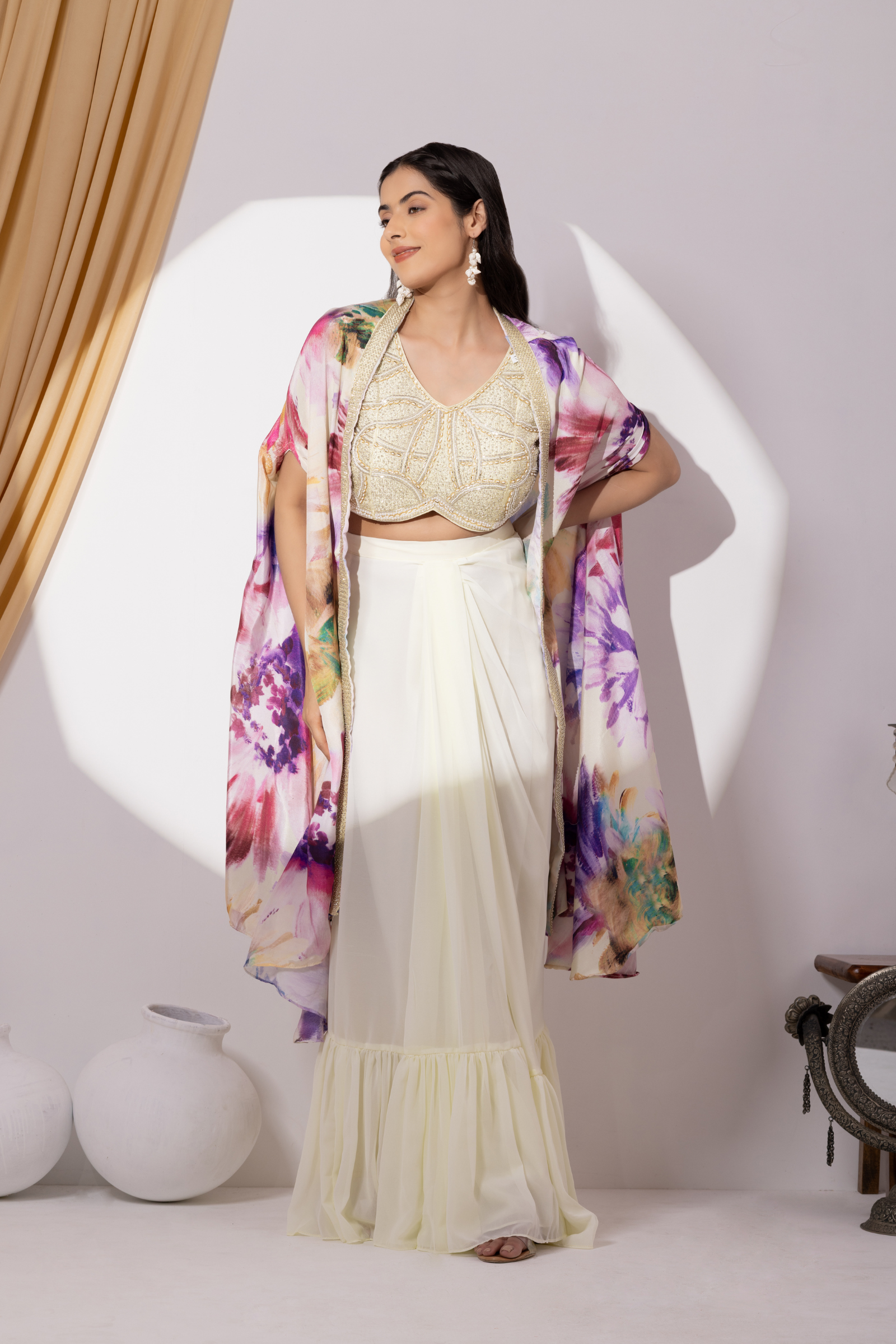 White Ruffle Drape Skirt with Crop Top & Floral Print Cape Set