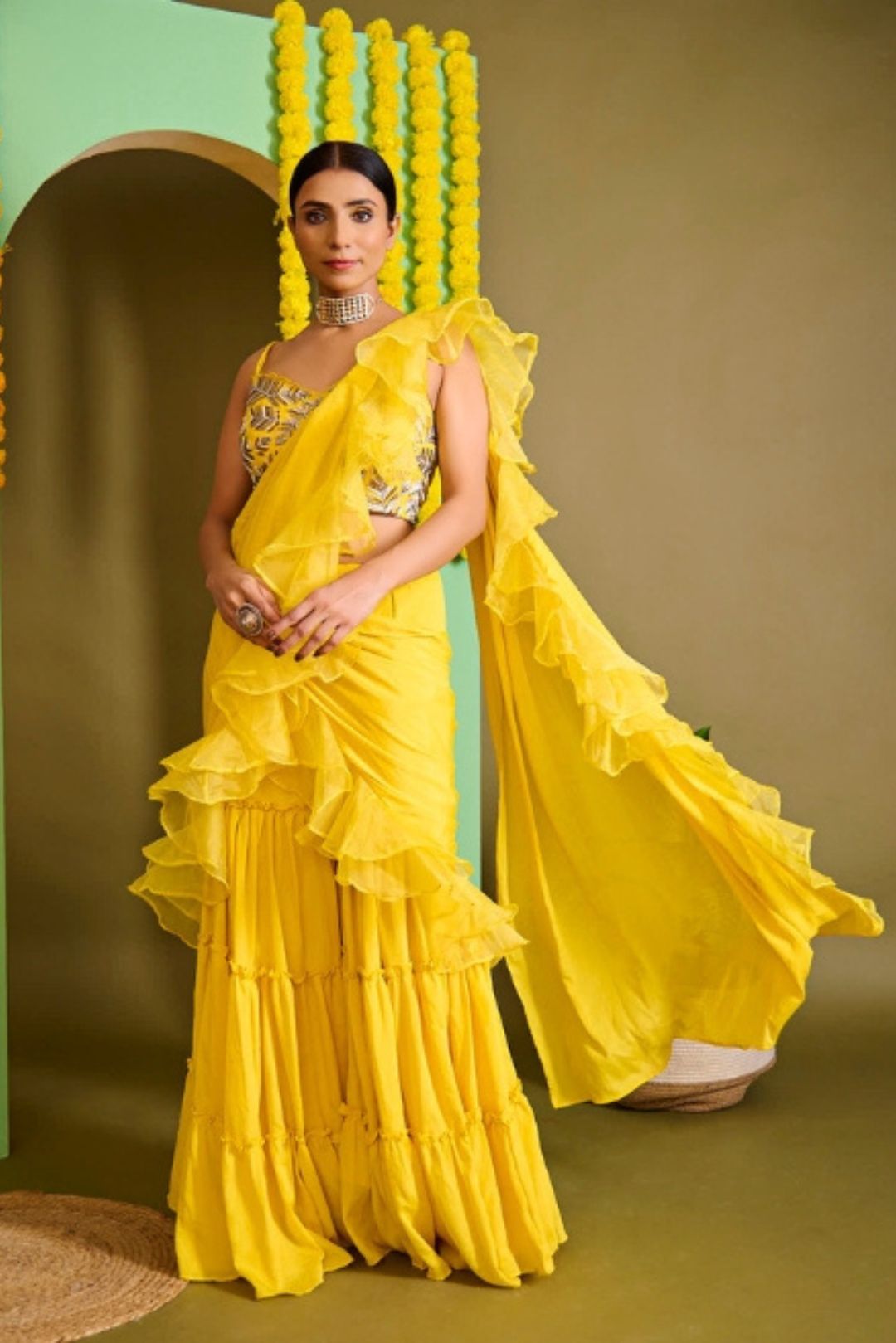 Sunkissed Yellow Organza Sharara Saree Set